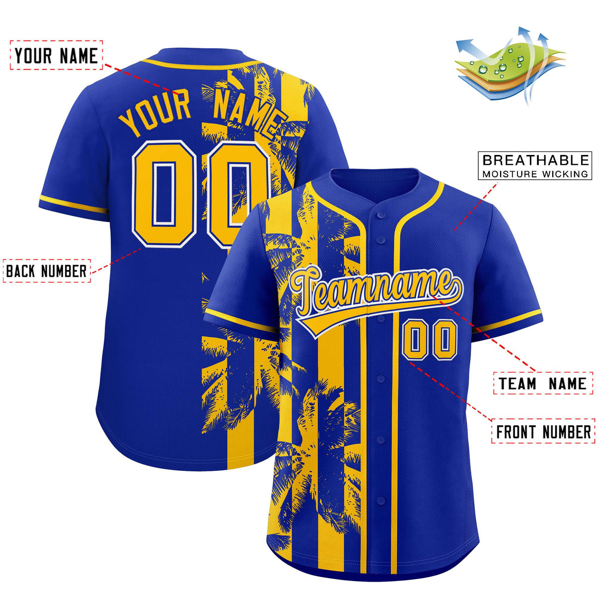 Custom Royal Yellow Split Fashion Coconut Tree Design Authentic Baseball Jersey