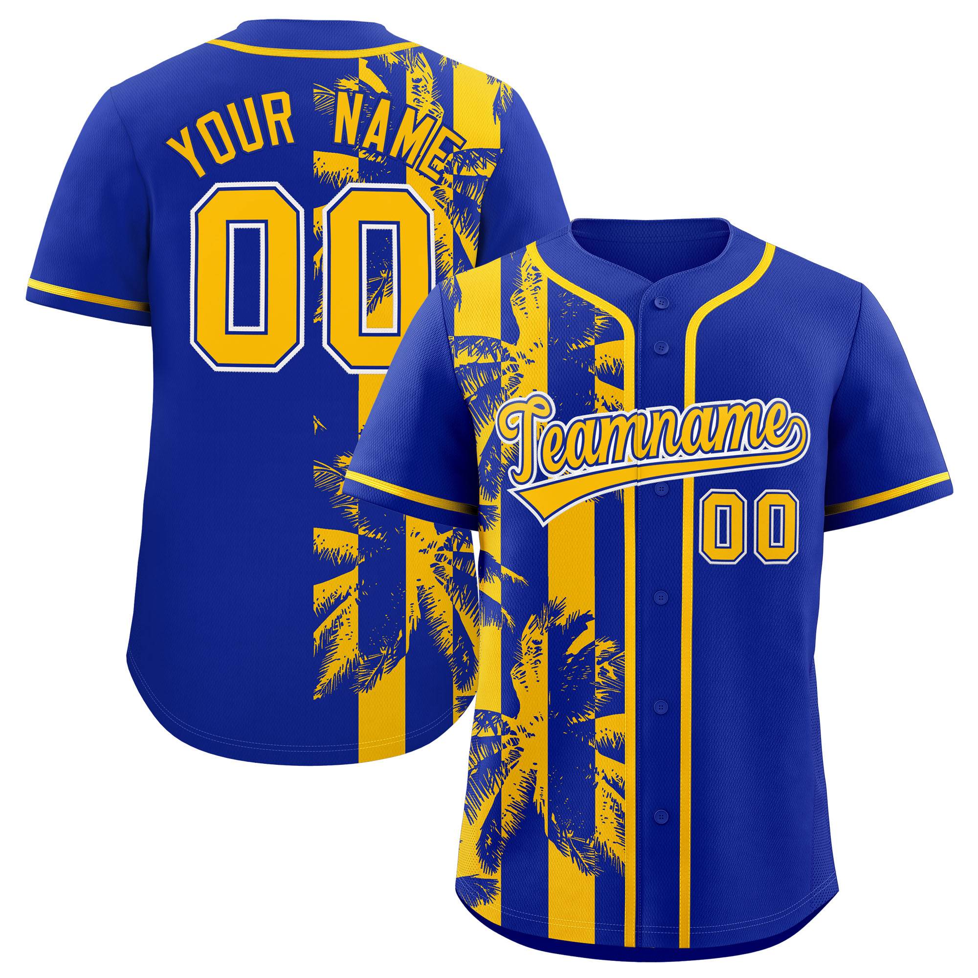 Custom Royal Yellow Split Fashion Coconut Tree Design Authentic Baseball Jersey