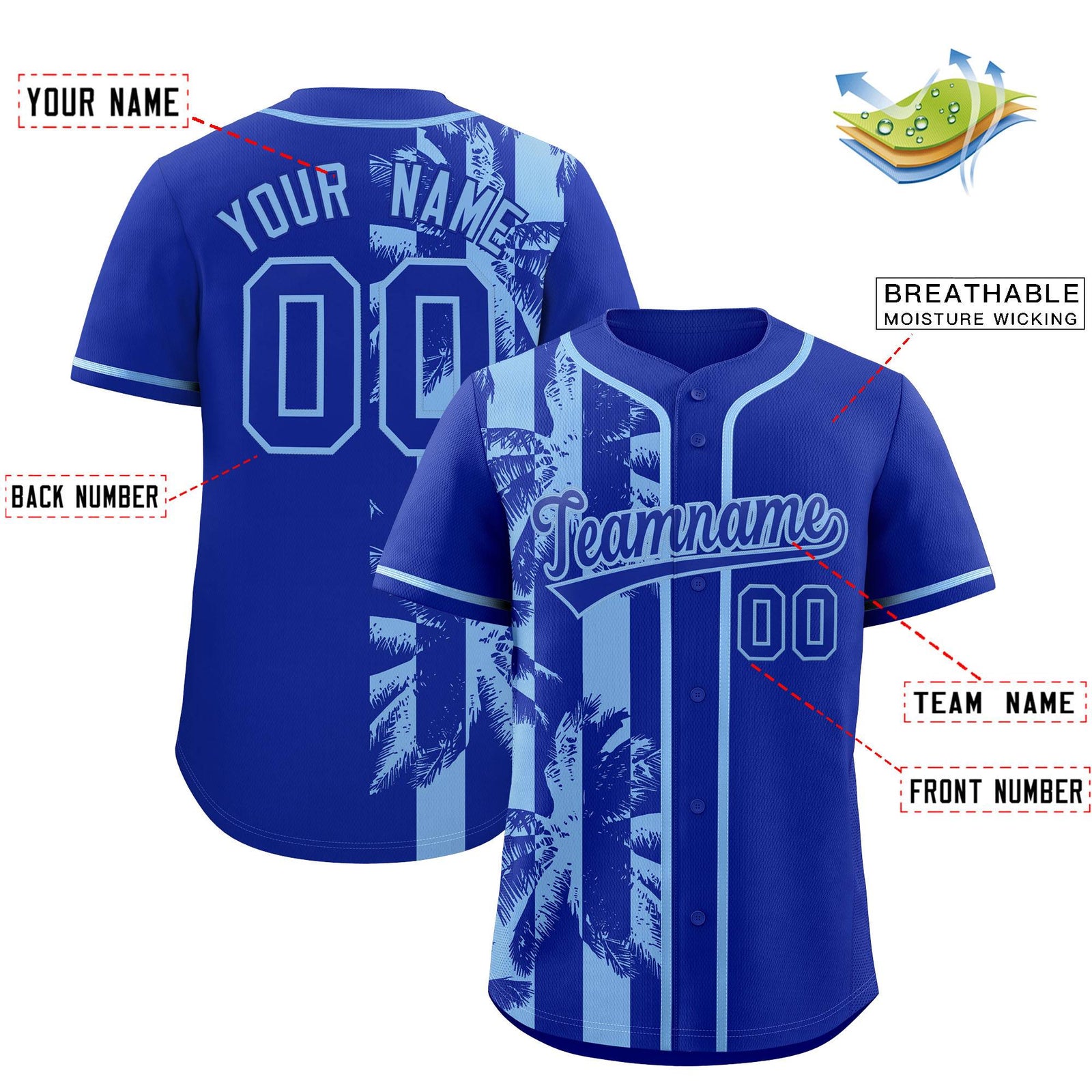 Custom Royal Powder Blue Split Fashion Coconut Tree Design Authentic Baseball Jersey