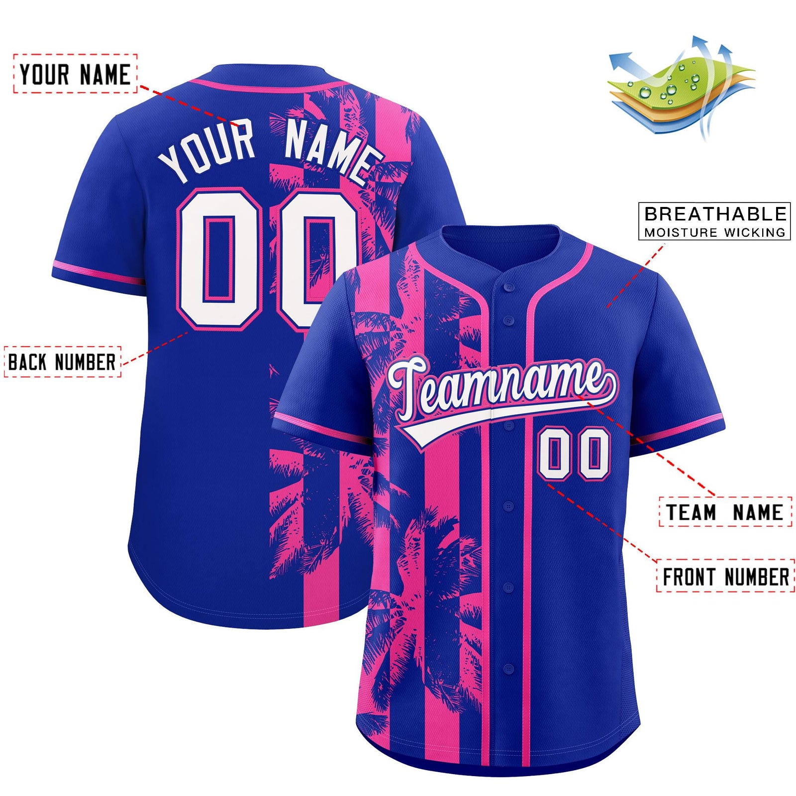 Custom Royal Pink Split Fashion Coconut Tree Design Authentic Baseball Jersey