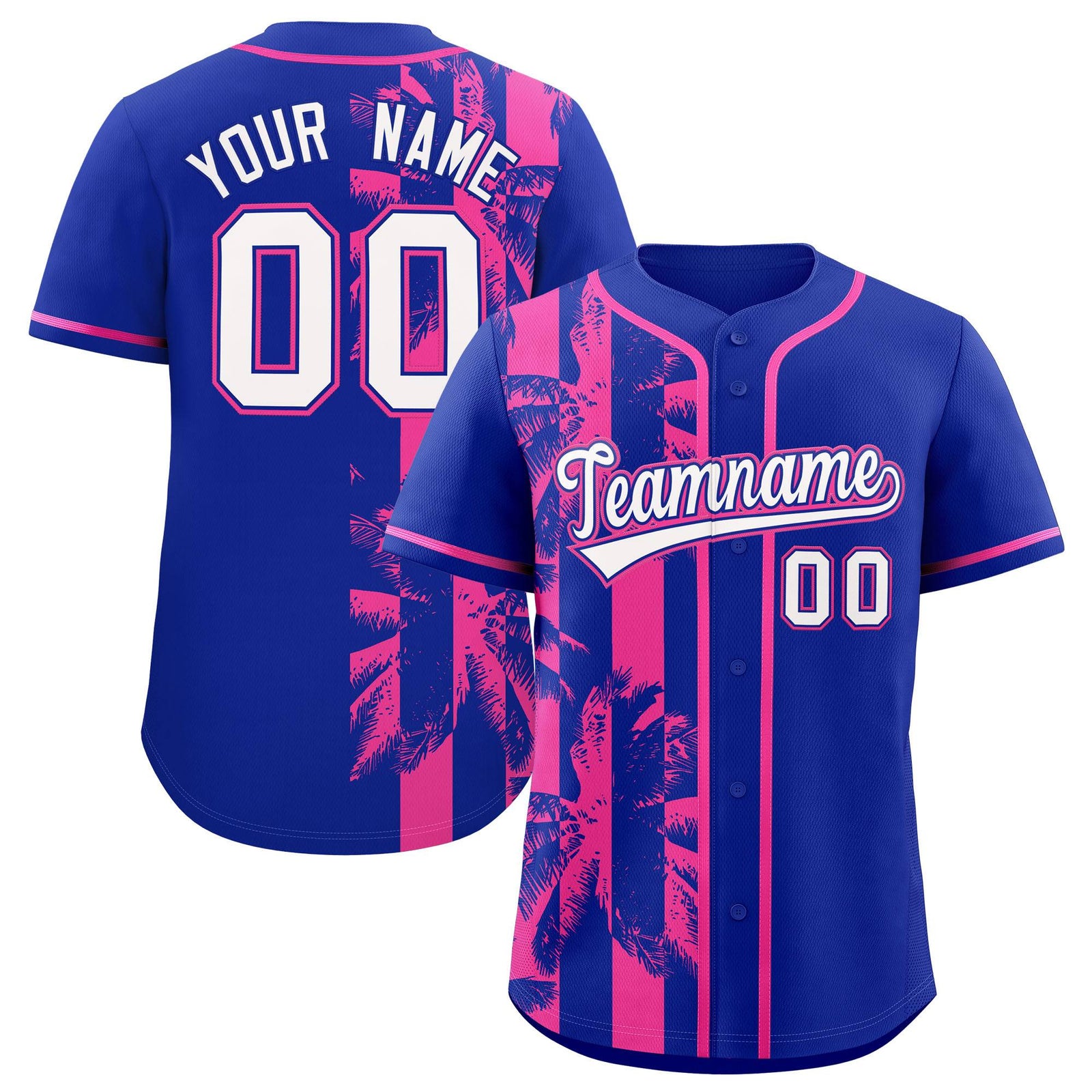 Custom Royal Pink Split Fashion Coconut Tree Design Authentic Baseball Jersey