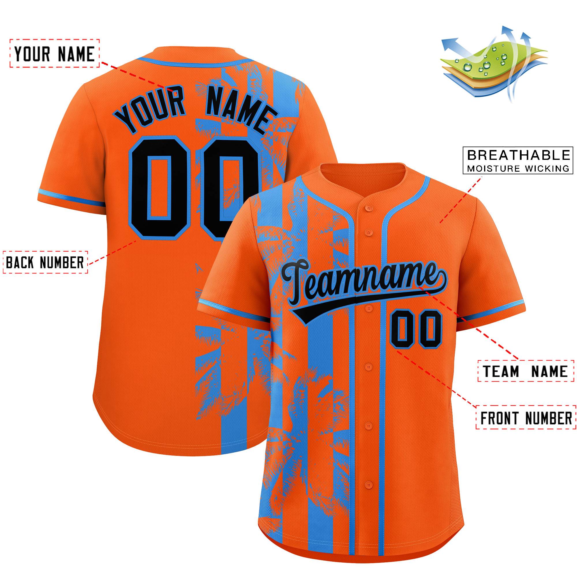 Custom Orange Powder Blue Split Fashion Coconut Tree Design Authentic Baseball Jersey
