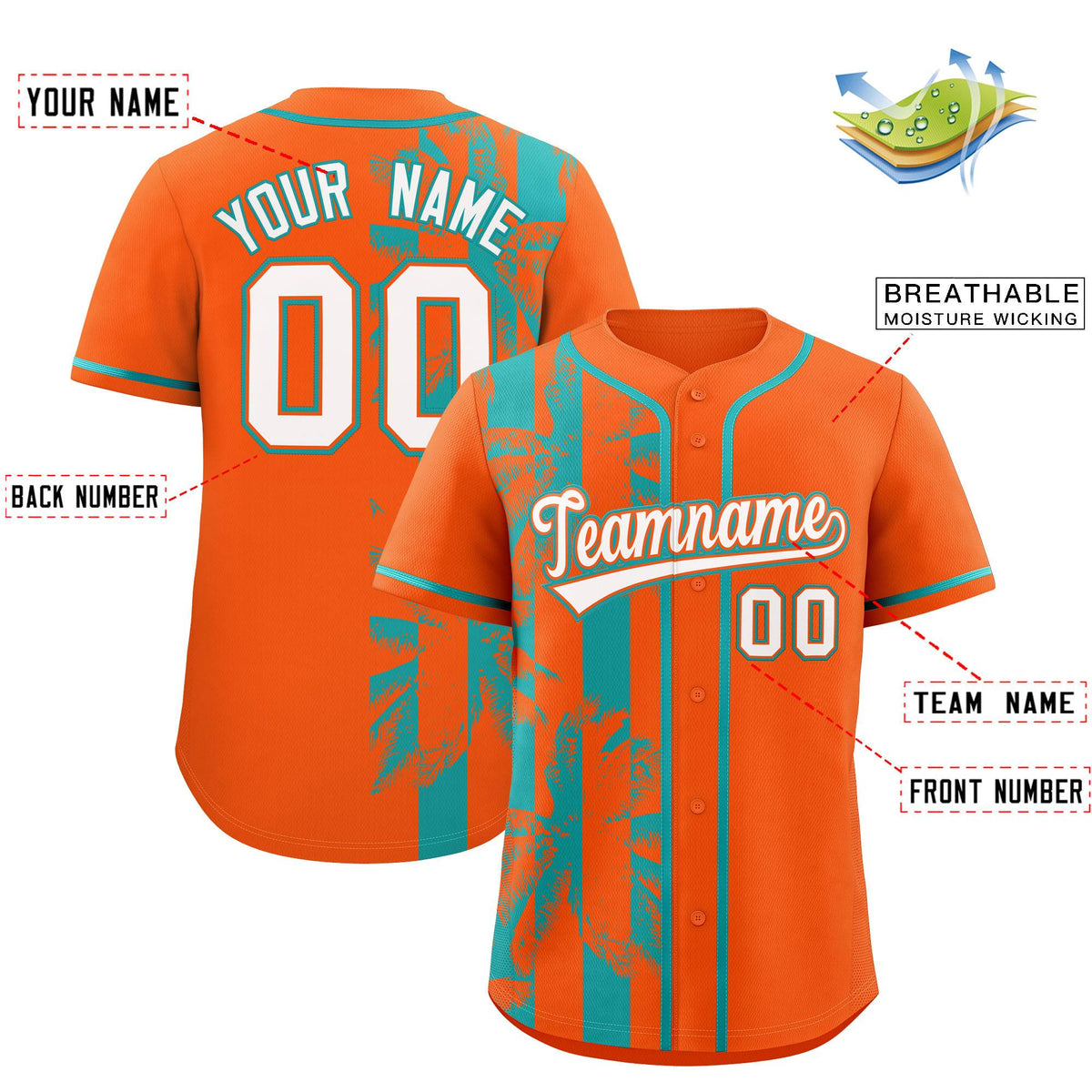 Custom Orange Aqua Split Fashion Coconut Tree Design Authentic Baseball Jersey