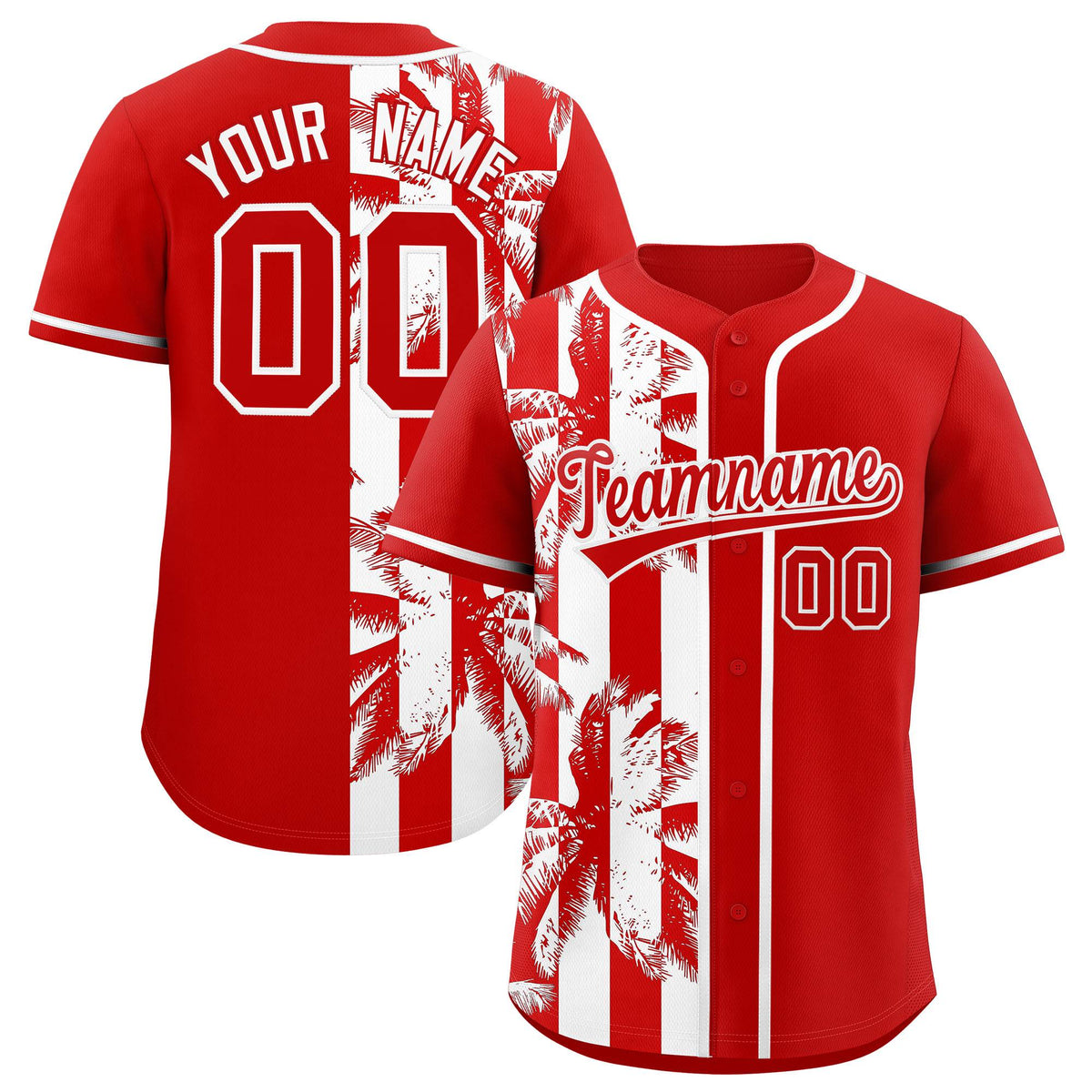 Custom Red White Split Fashion Coconut Tree Design Authentic Baseball Jersey