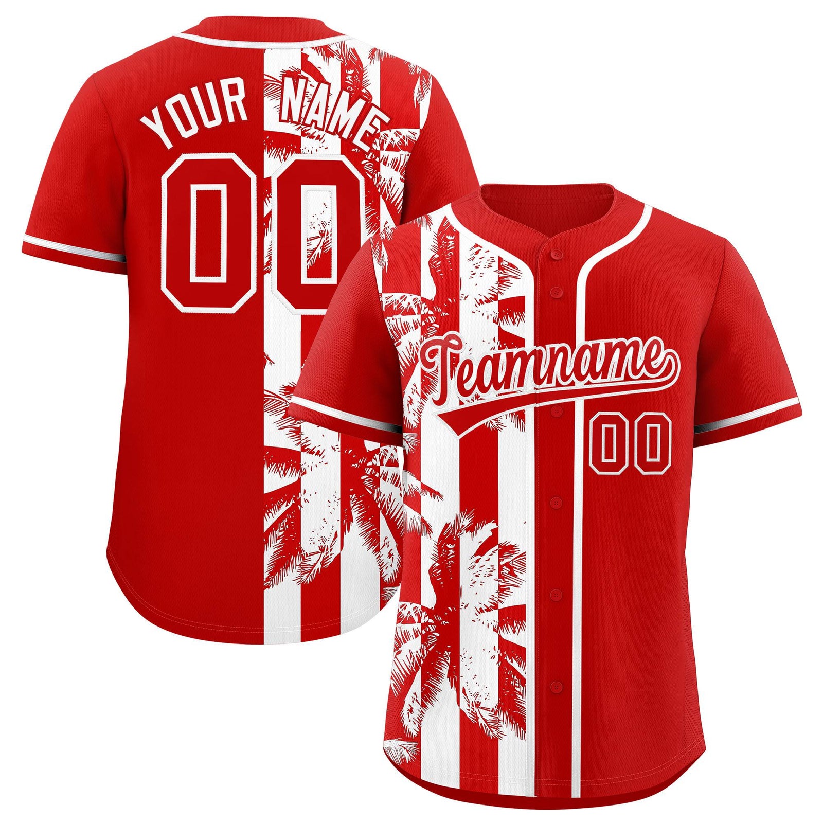Custom Red White Split Fashion Coconut Tree Design Authentic Baseball Jersey
