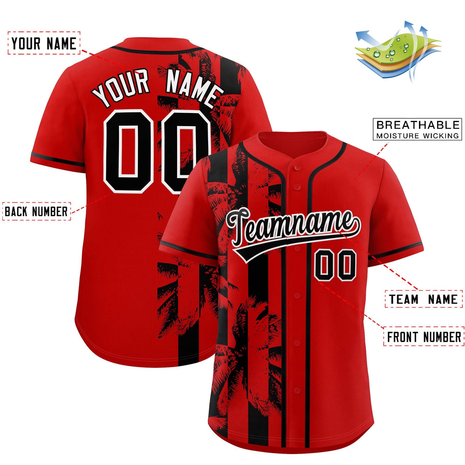 Custom Red Black Split Fashion Coconut Tree Design Authentic Baseball Jersey