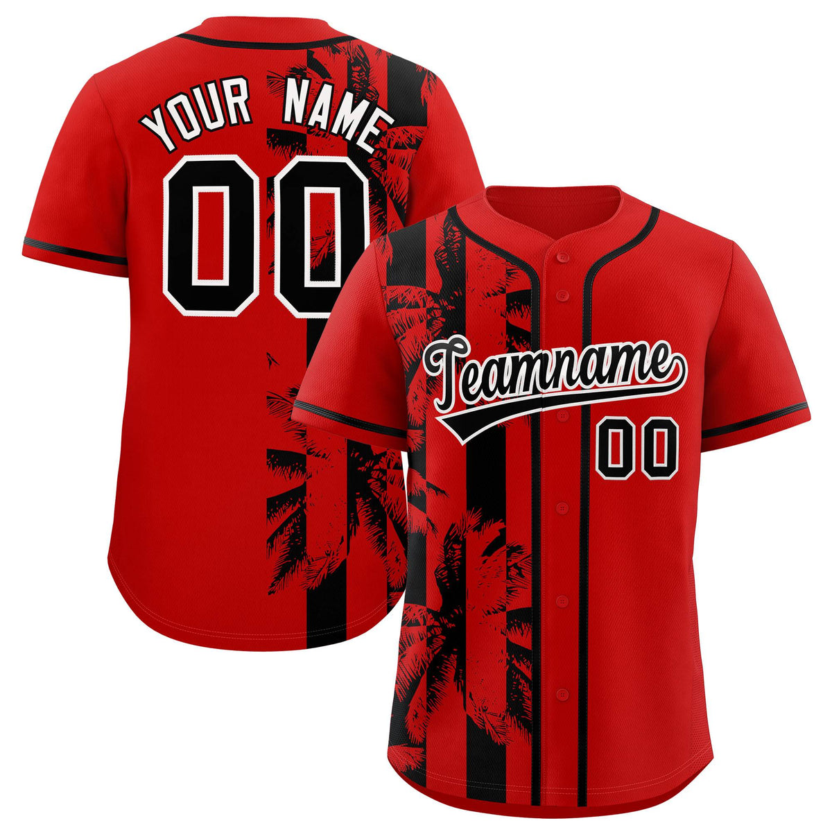 Custom Red Black Split Fashion Coconut Tree Design Authentic Baseball Jersey