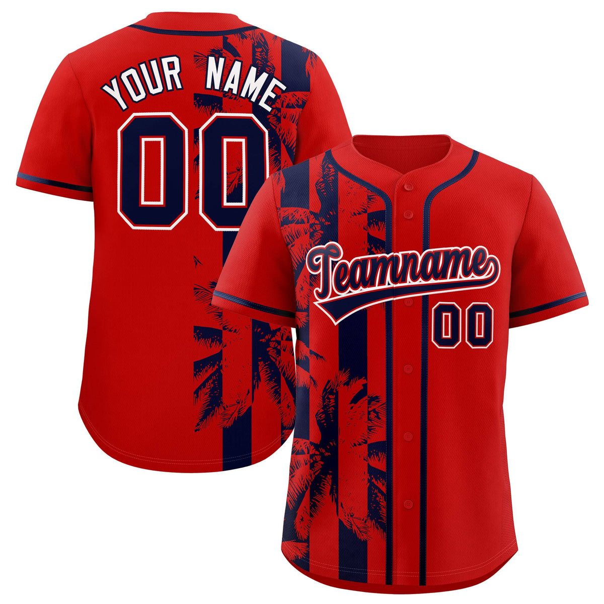 Custom Red Navy Split Fashion Coconut Tree Design Authentic Baseball Jersey