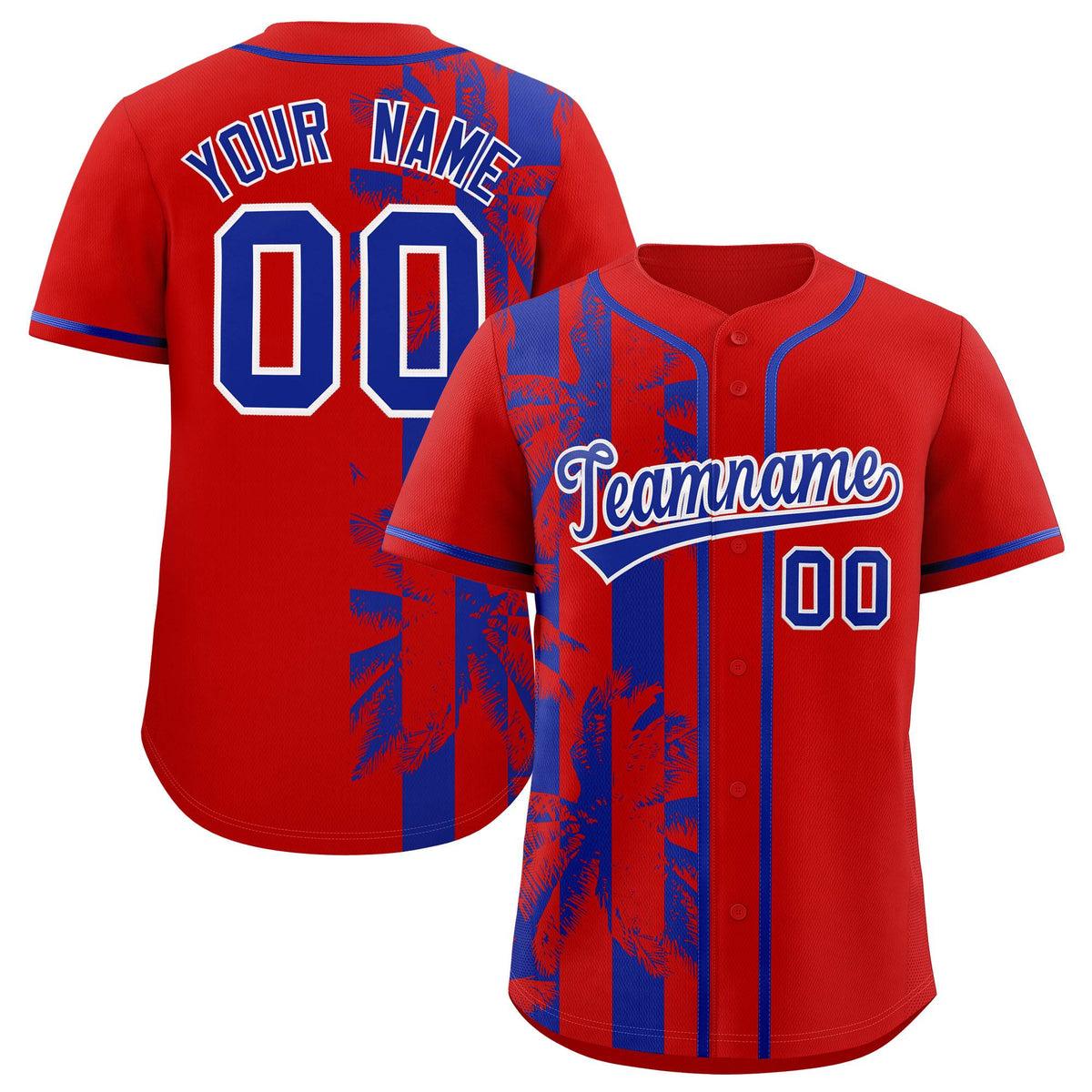 Custom Red Royal Split Fashion Coconut Tree Design Authentic Baseball Jersey