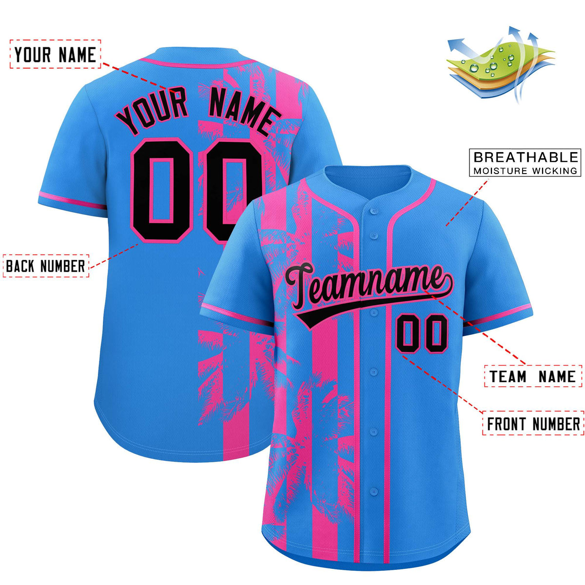 Custom Powder Blue Pink Split Fashion Coconut Tree Design Authentic Baseball Jersey