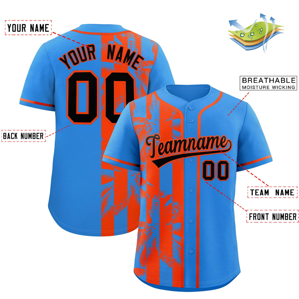 Custom Powder Blue Orange Split Fashion Coconut Tree Design Authentic Baseball Jersey