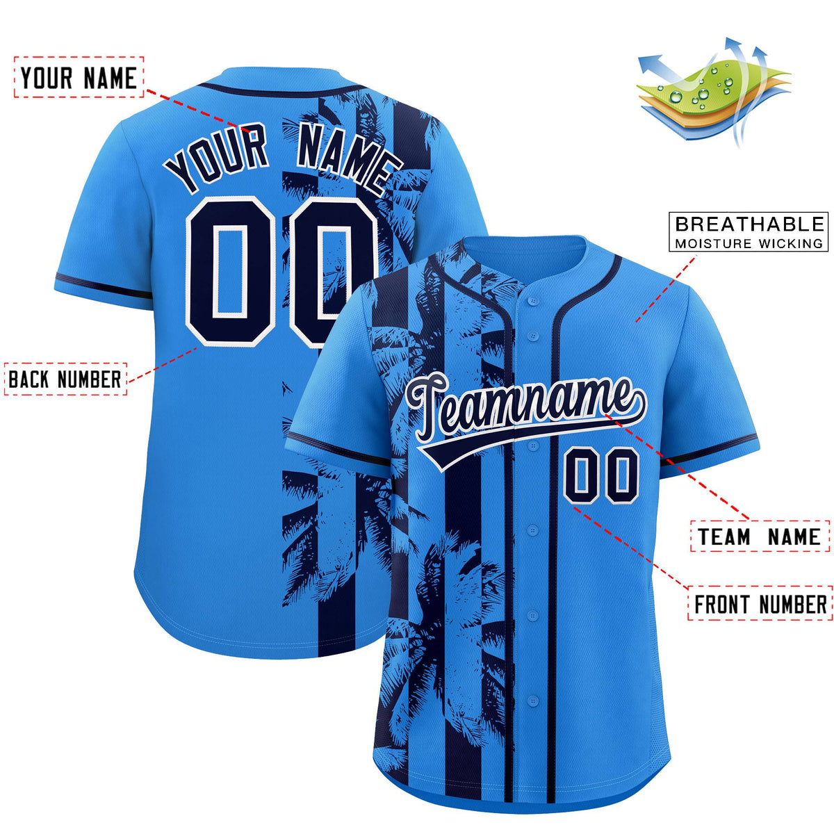 Custom Powder Blue Navy Split Fashion Coconut Tree Design Authentic Baseball Jersey