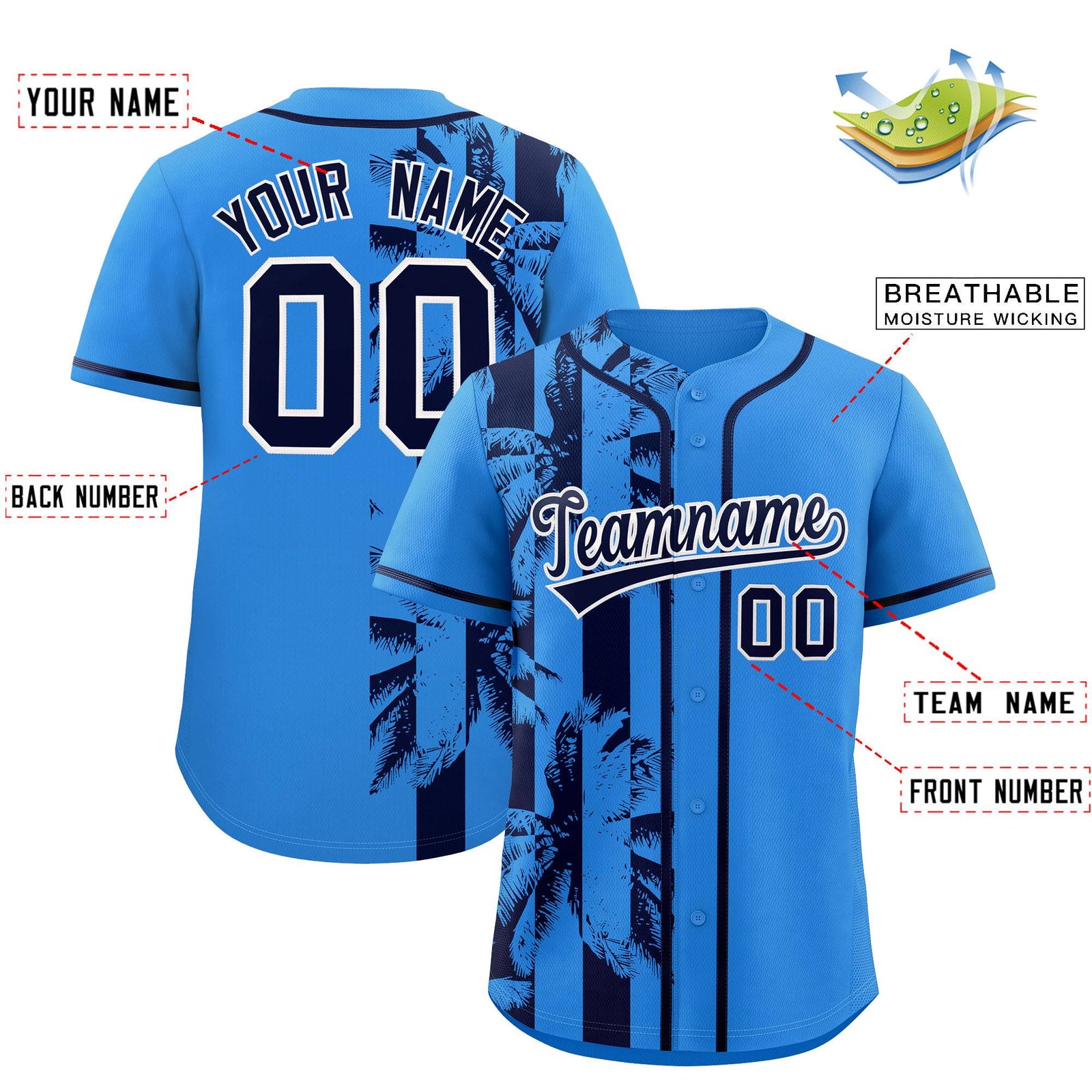 Custom Powder Blue Navy Split Fashion Coconut Tree Design Authentic Baseball Jersey