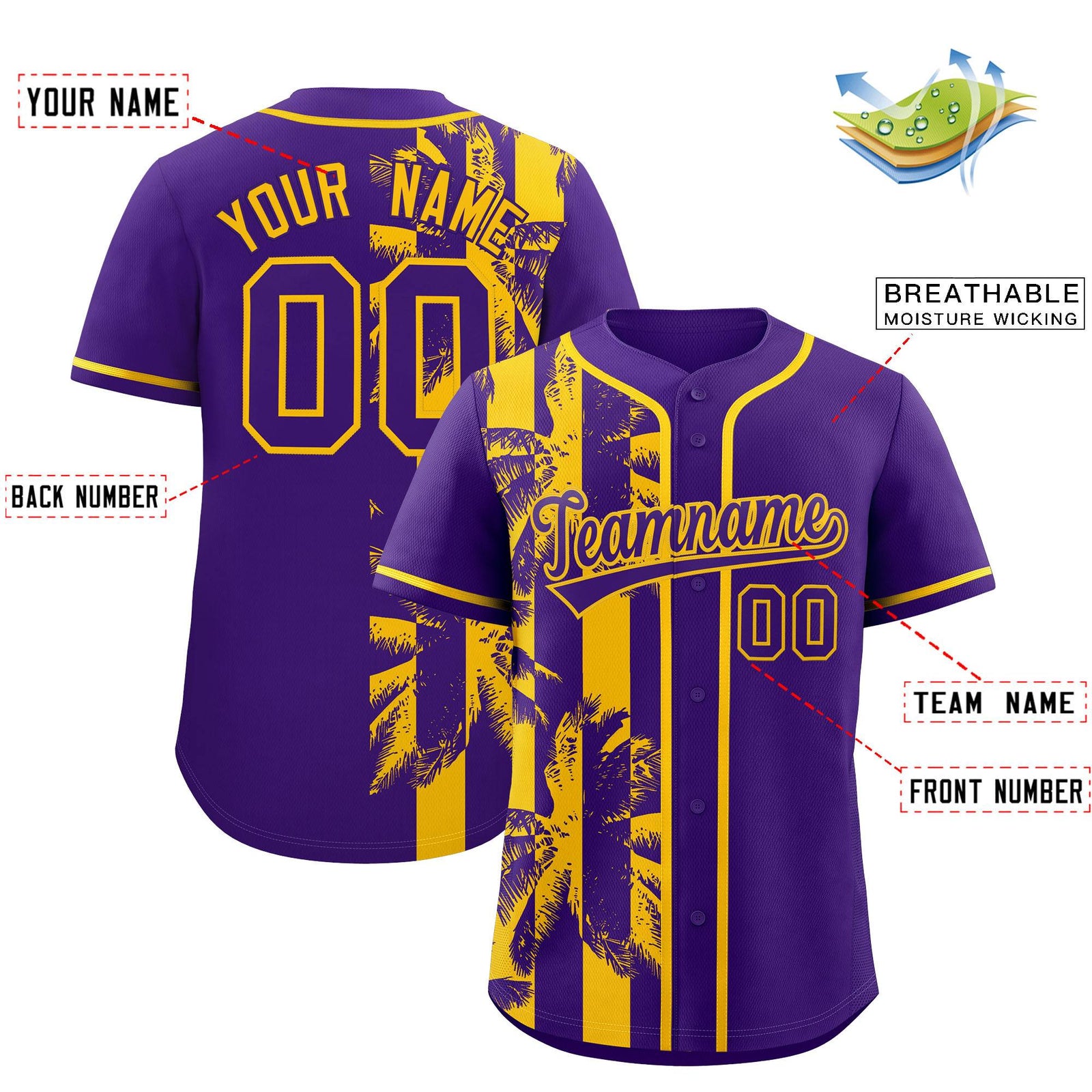 Custom Purple Yellow Split Fashion Coconut Tree Design Authentic Baseball Jersey