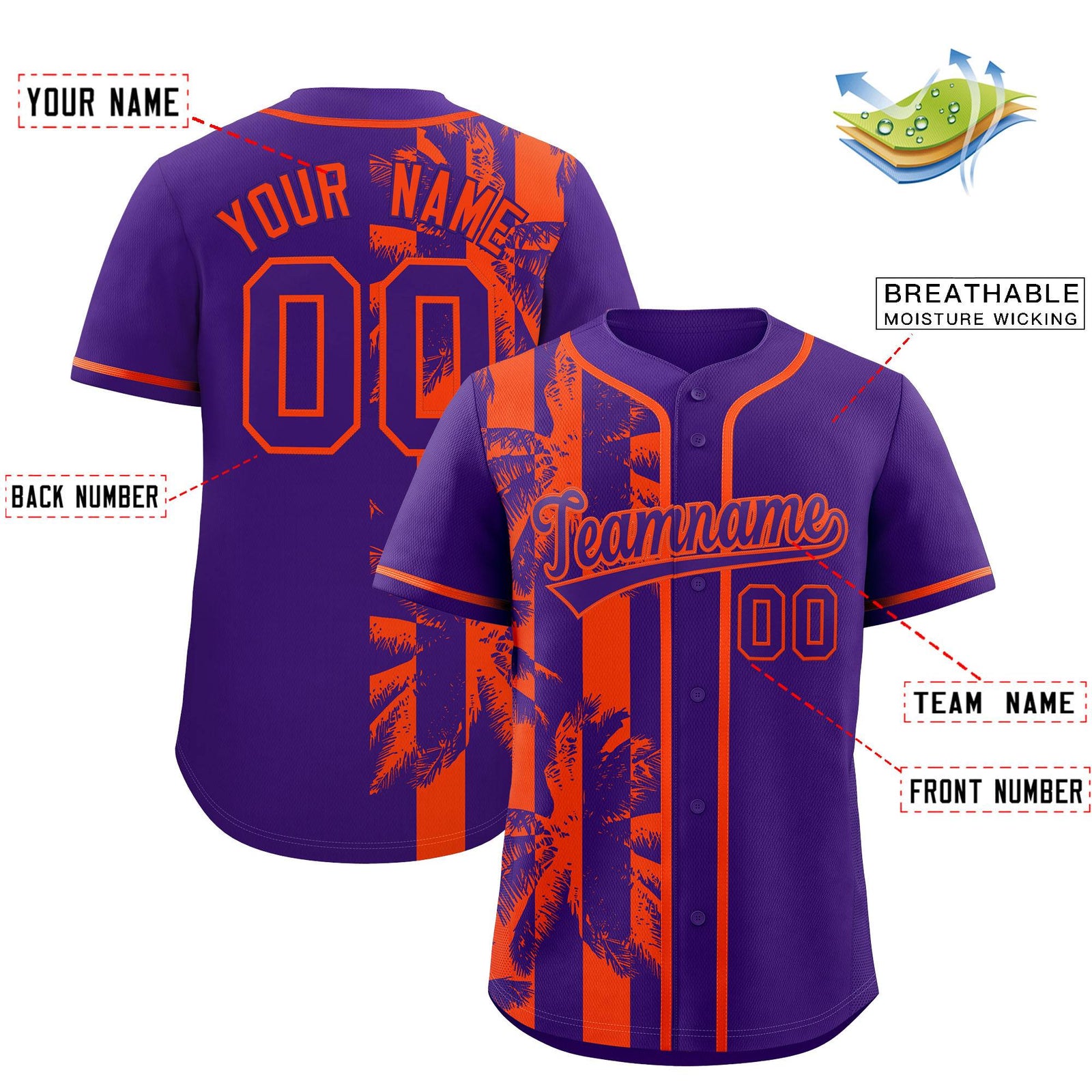 Custom Purple Orange Split Fashion Coconut Tree Design Authentic Baseball Jersey