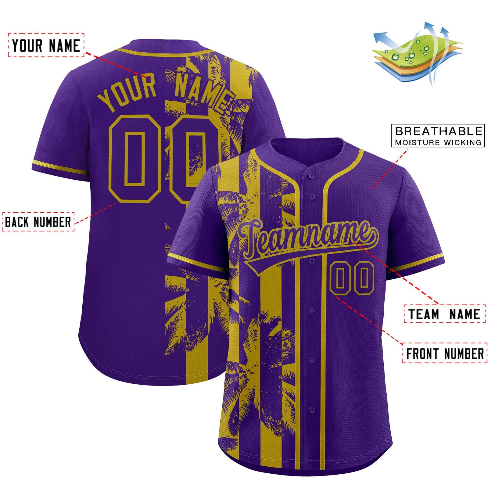 Custom Purple Old Gold Split Fashion Coconut Tree Design Authentic Baseball Jersey