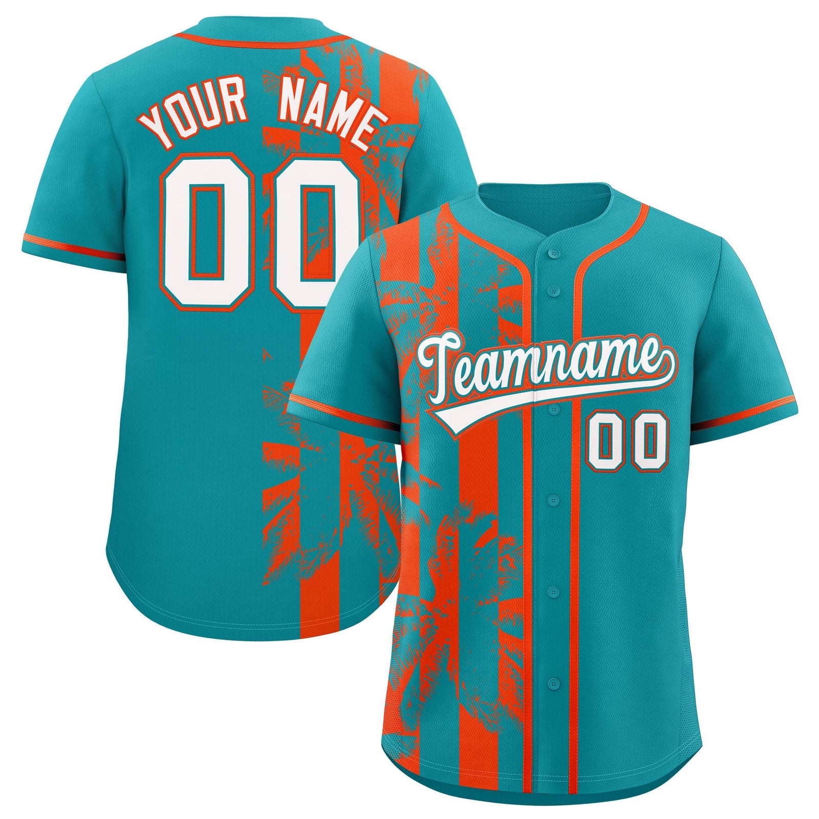 Custom Aqua Orange Split Fashion Coconut Tree Design Authentic Baseball Jersey