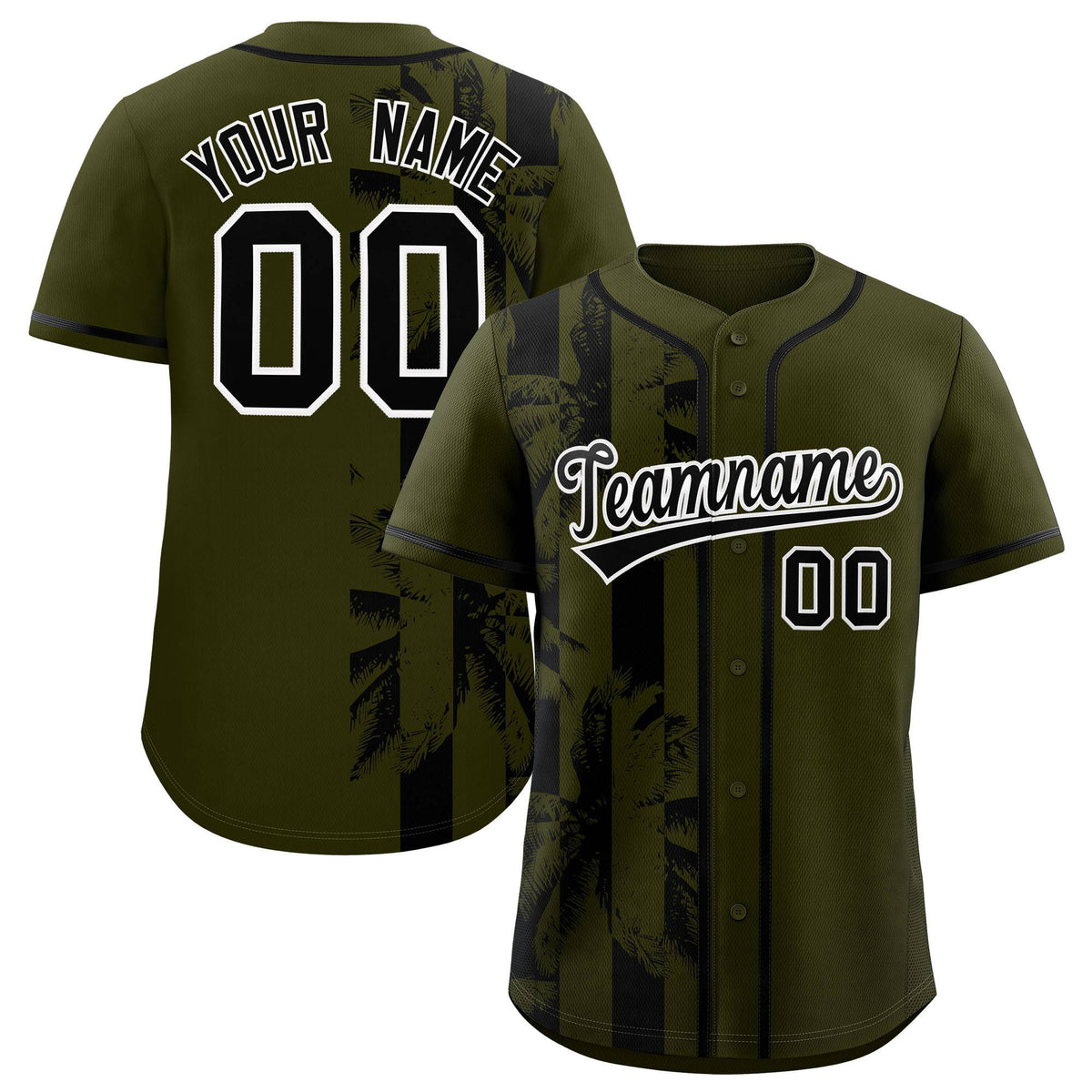 Custom Olive Black Split Fashion Coconut Tree Design Authentic Baseball Jersey
