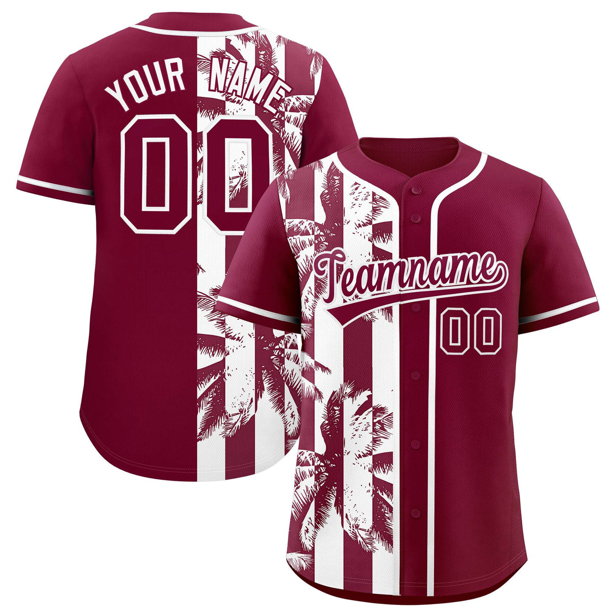 Custom Crimson White Split Fashion Coconut Tree Design Authentic Baseball Jersey