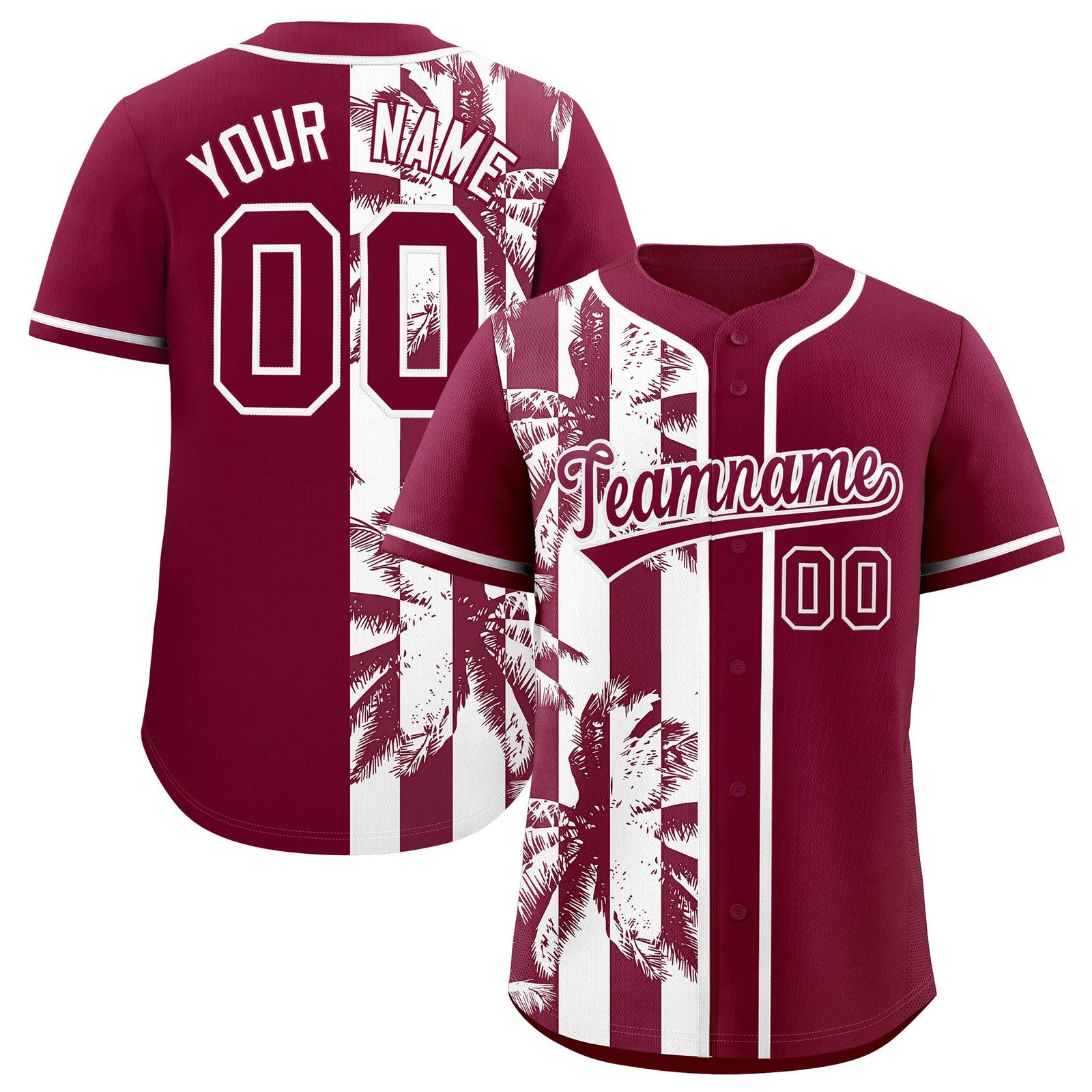 Custom Crimson White Split Fashion Coconut Tree Design Authentic Baseball Jersey