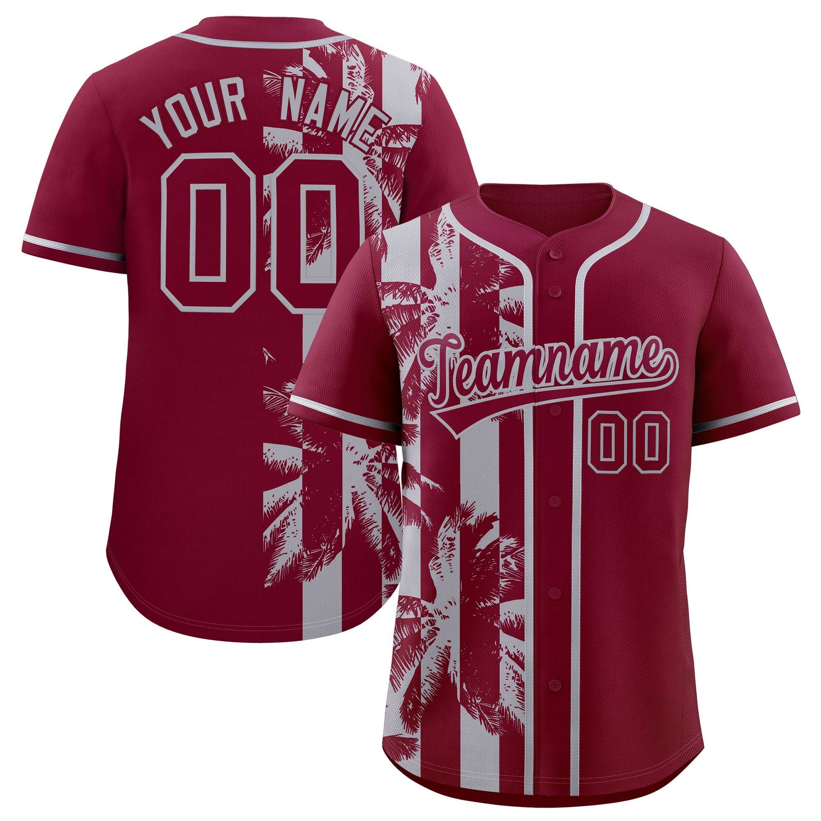 Custom Crimson Gray Split Fashion Coconut Tree Design Authentic Baseball Jersey