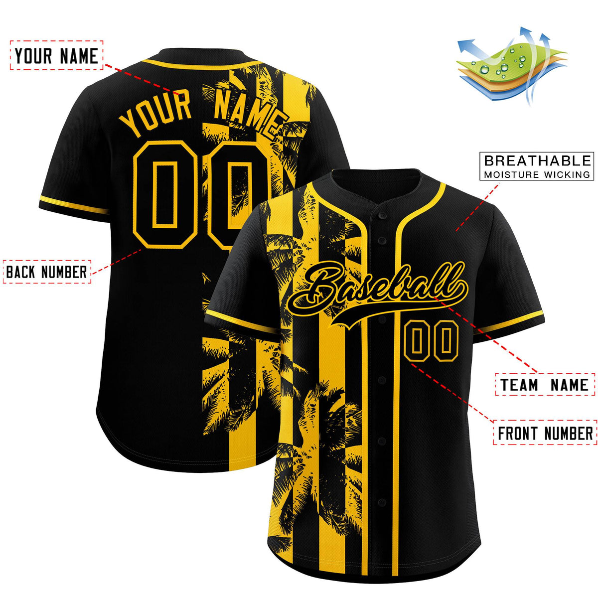 Custom Black Yellow Split Fashion Coconut Tree Design Authentic Baseball Jersey