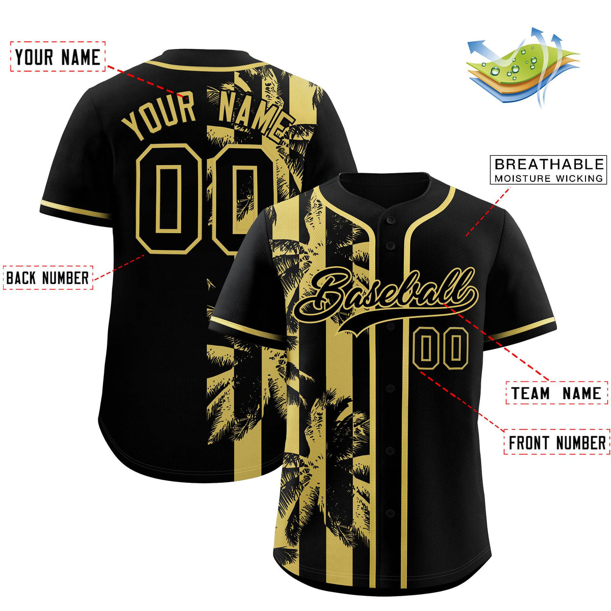 Custom Black Old Gold Split Fashion Coconut Tree Design Authentic Baseball Jersey