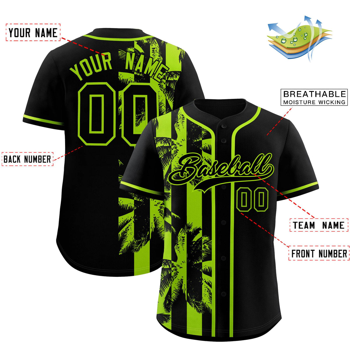 Custom Black Neon Green Split Fashion Coconut Tree Design Authentic Baseball Jersey