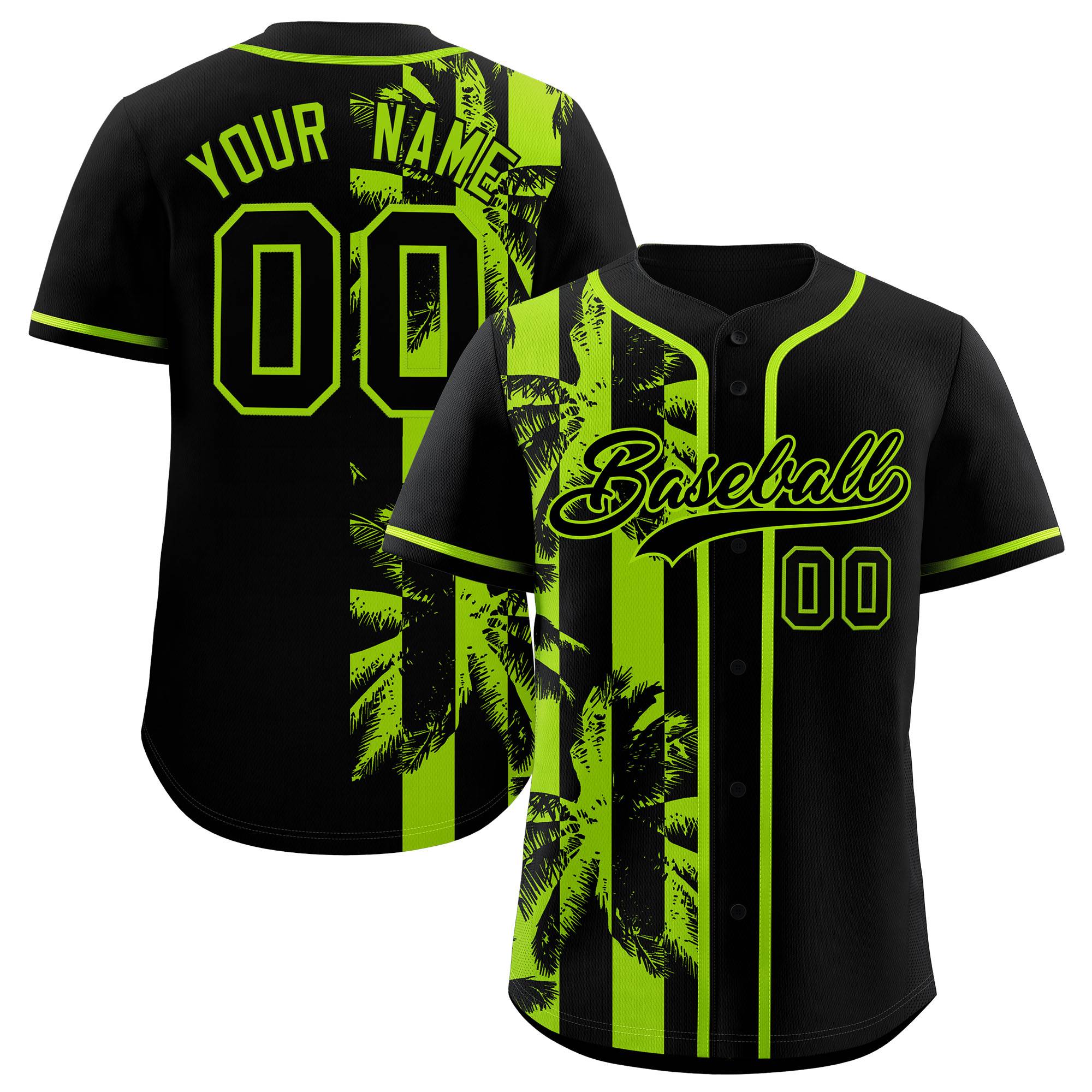 Custom Black Neon Green Split Fashion Coconut Tree Design Authentic Baseball Jersey