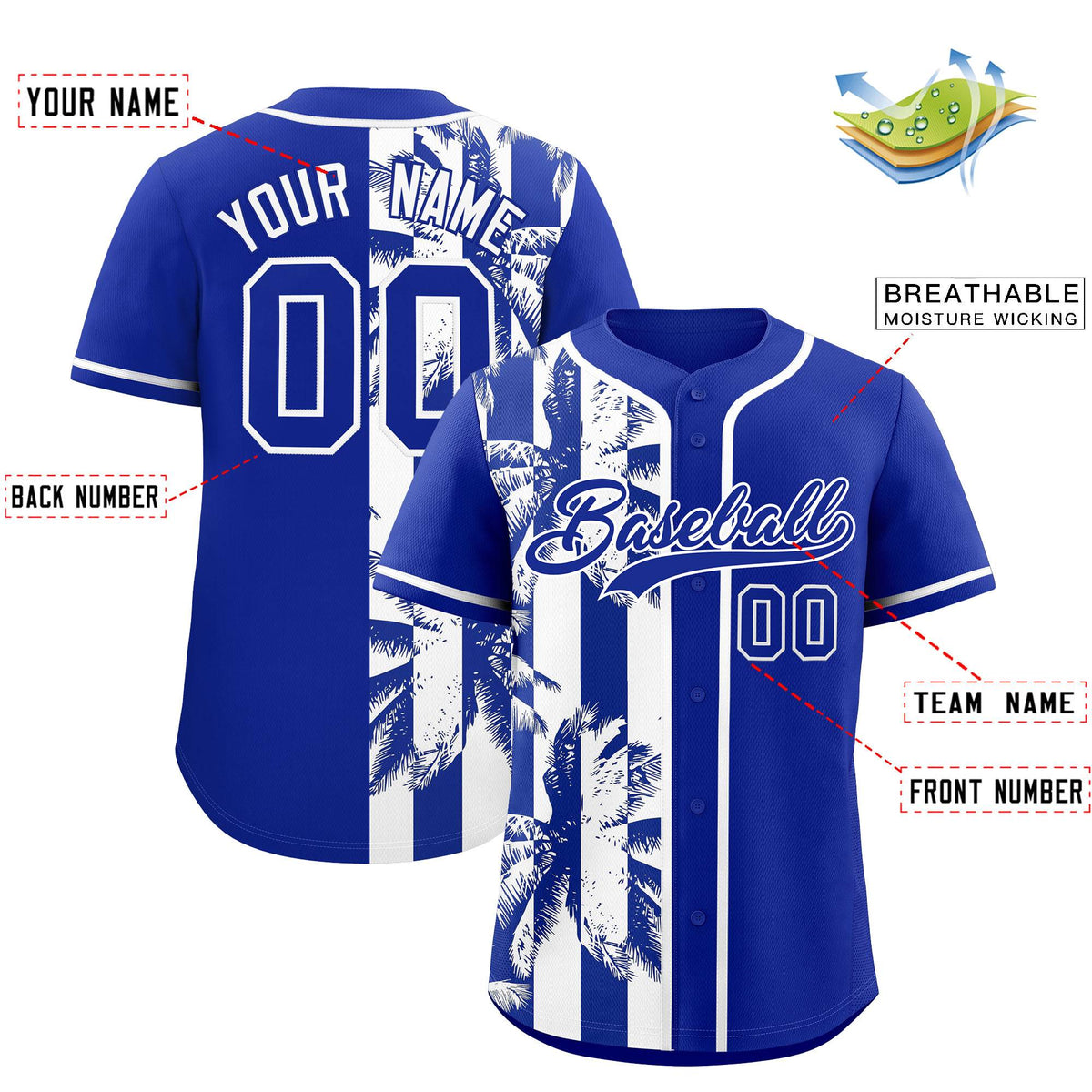Custom Royal White Split Fashion Coconut Tree Design Authentic Baseball Jersey