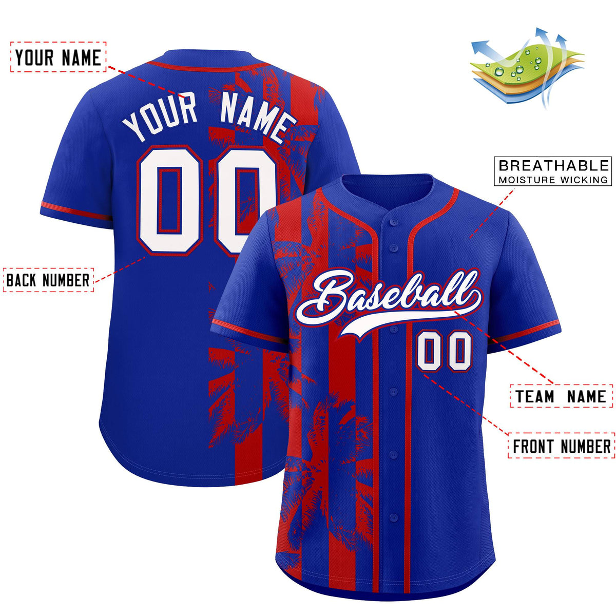 Custom Royal Red Split Fashion Coconut Tree Design Authentic Baseball Jersey
