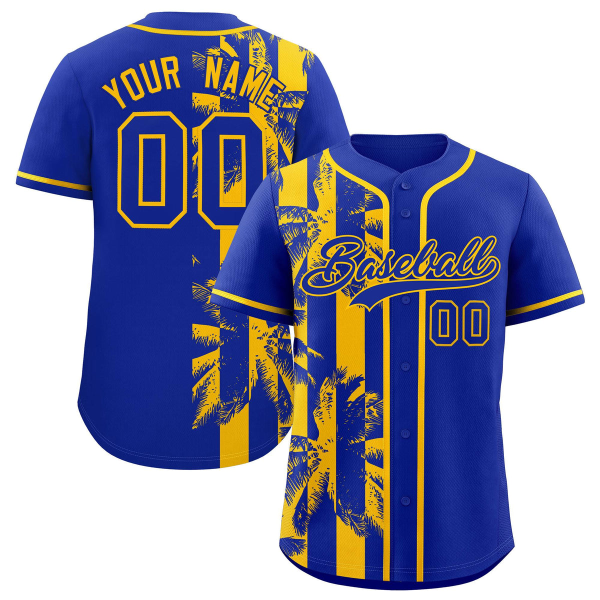 Custom Royal Yellow Split Fashion Coconut Tree Design Authentic Baseball Jersey