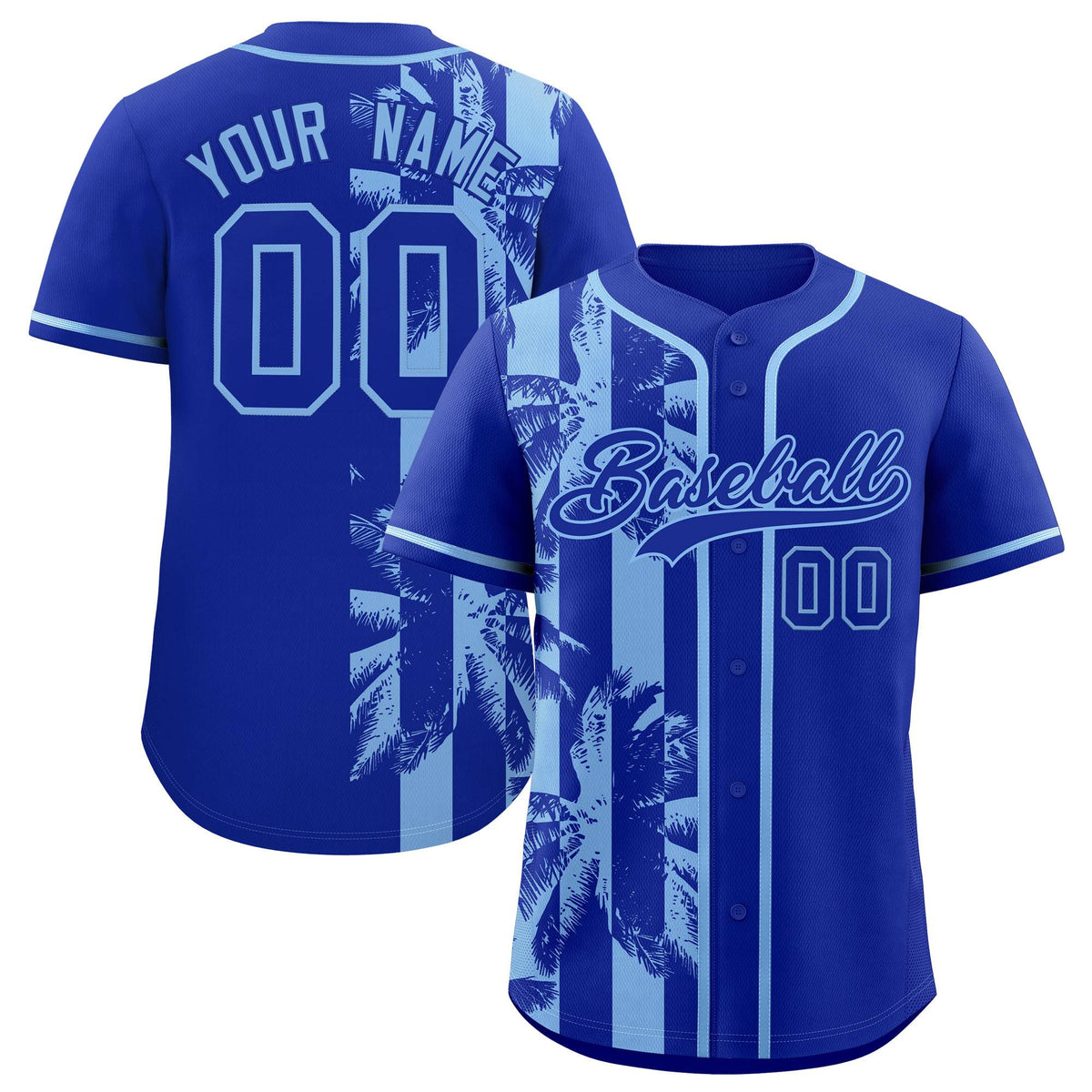 Custom Royal Powder Blue Split Fashion Coconut Tree Design Authentic Baseball Jersey