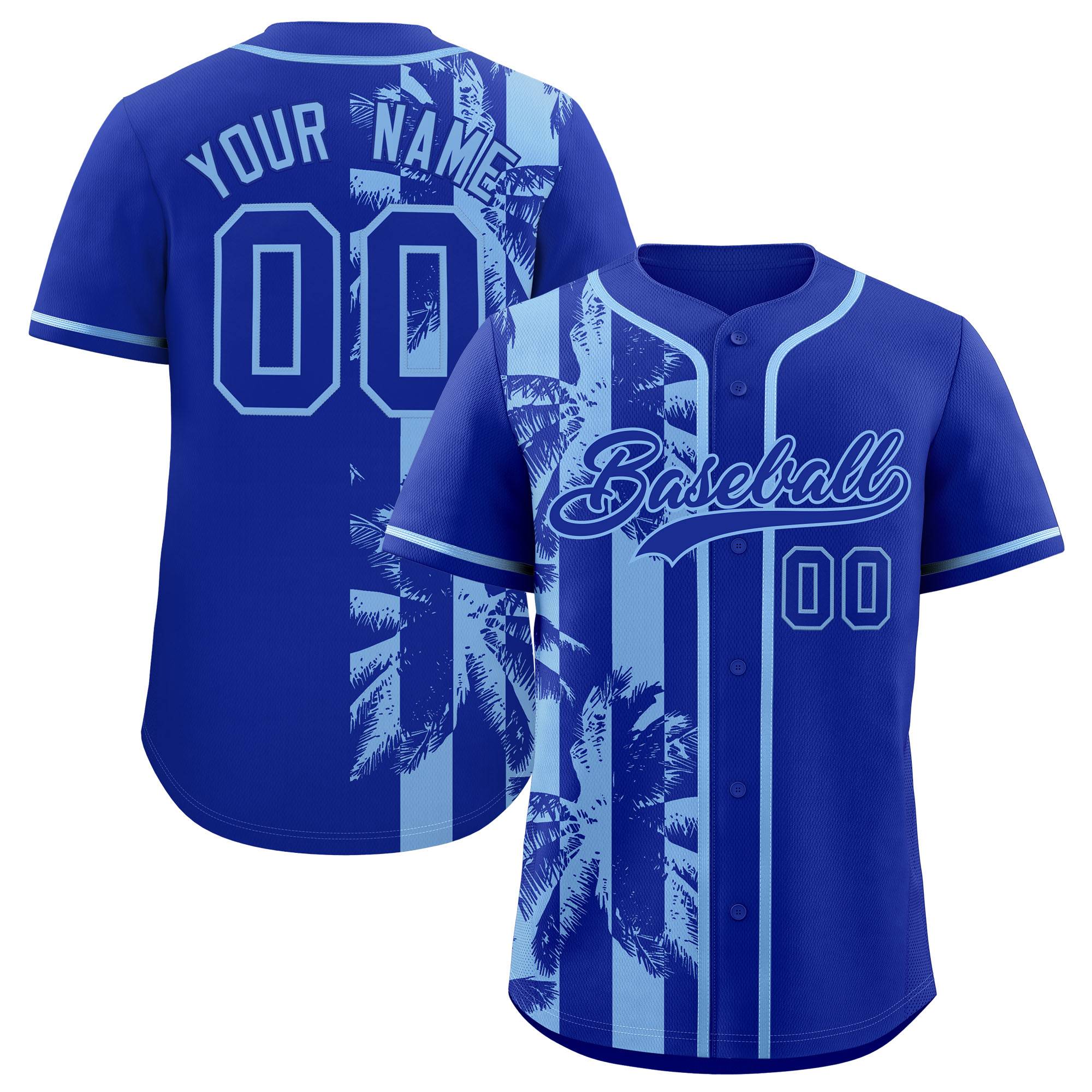 Custom Royal Powder Blue Split Fashion Coconut Tree Design Authentic Baseball Jersey