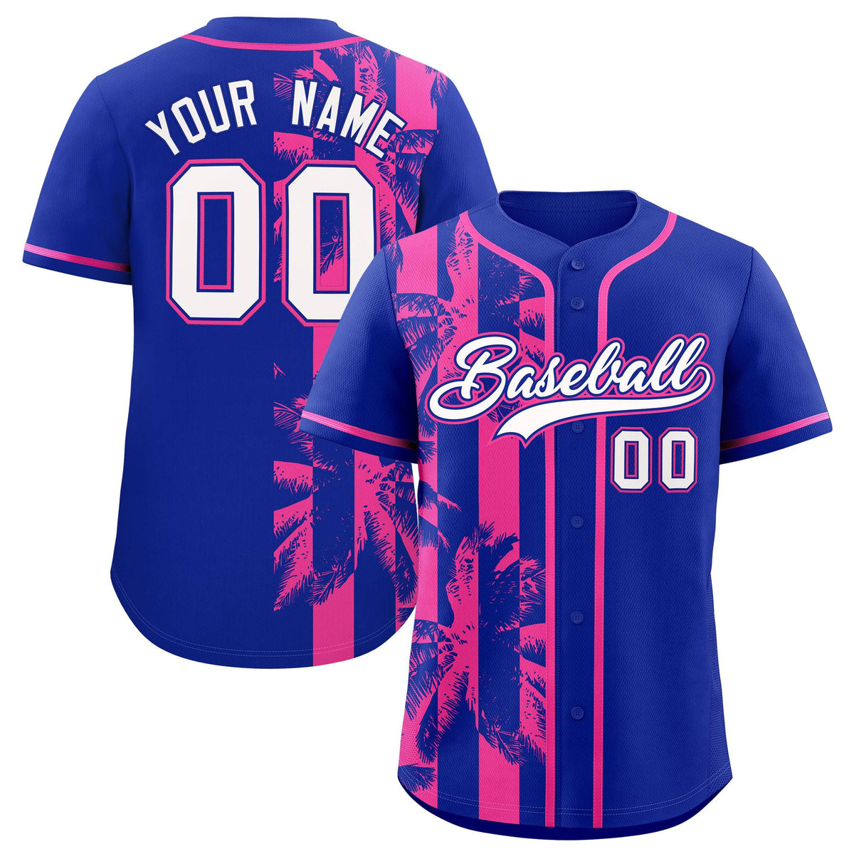 Custom Royal Pink Split Fashion Coconut Tree Design Authentic Baseball Jersey