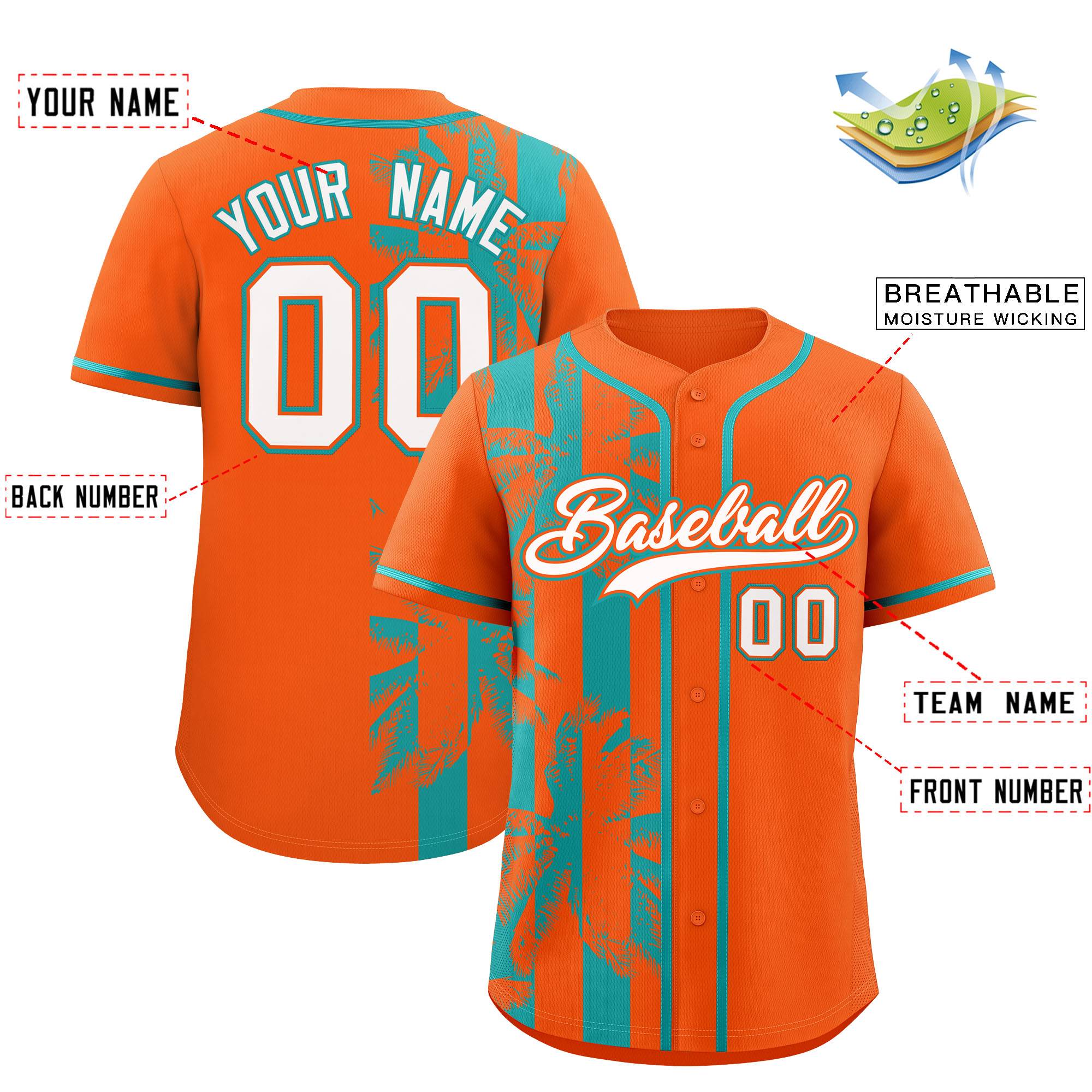 Custom Orange Aqua Split Fashion Coconut Tree Design Authentic Baseball Jersey