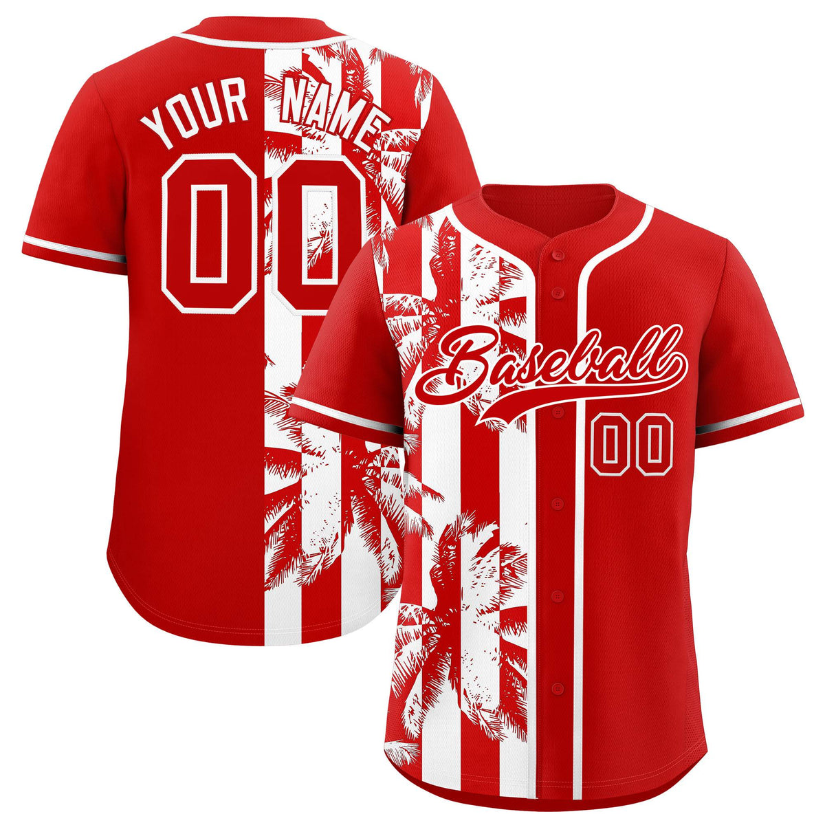 Custom Red White Split Fashion Coconut Tree Design Authentic Baseball Jersey