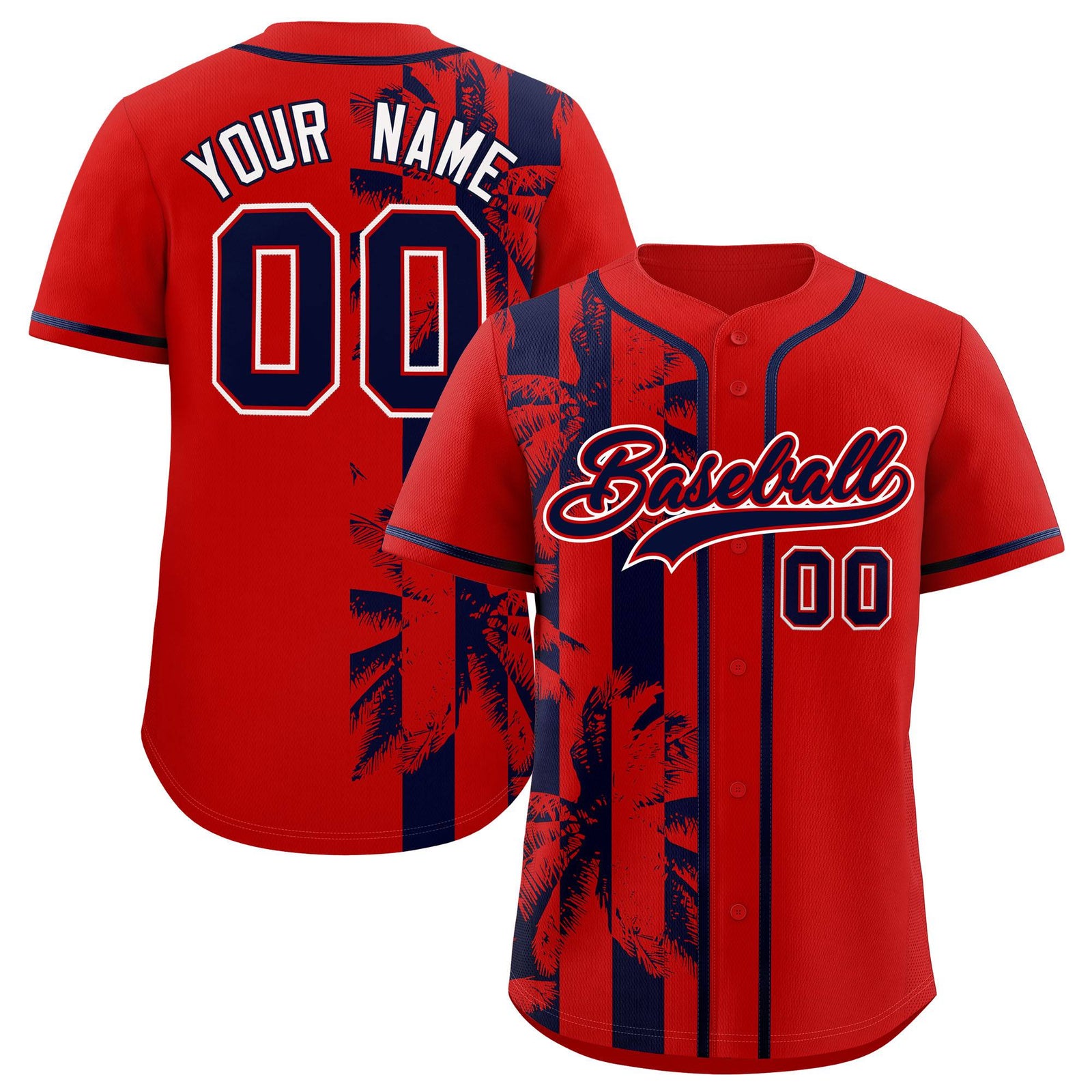Custom Red Navy Split Fashion Coconut Tree Design Authentic Baseball Jersey