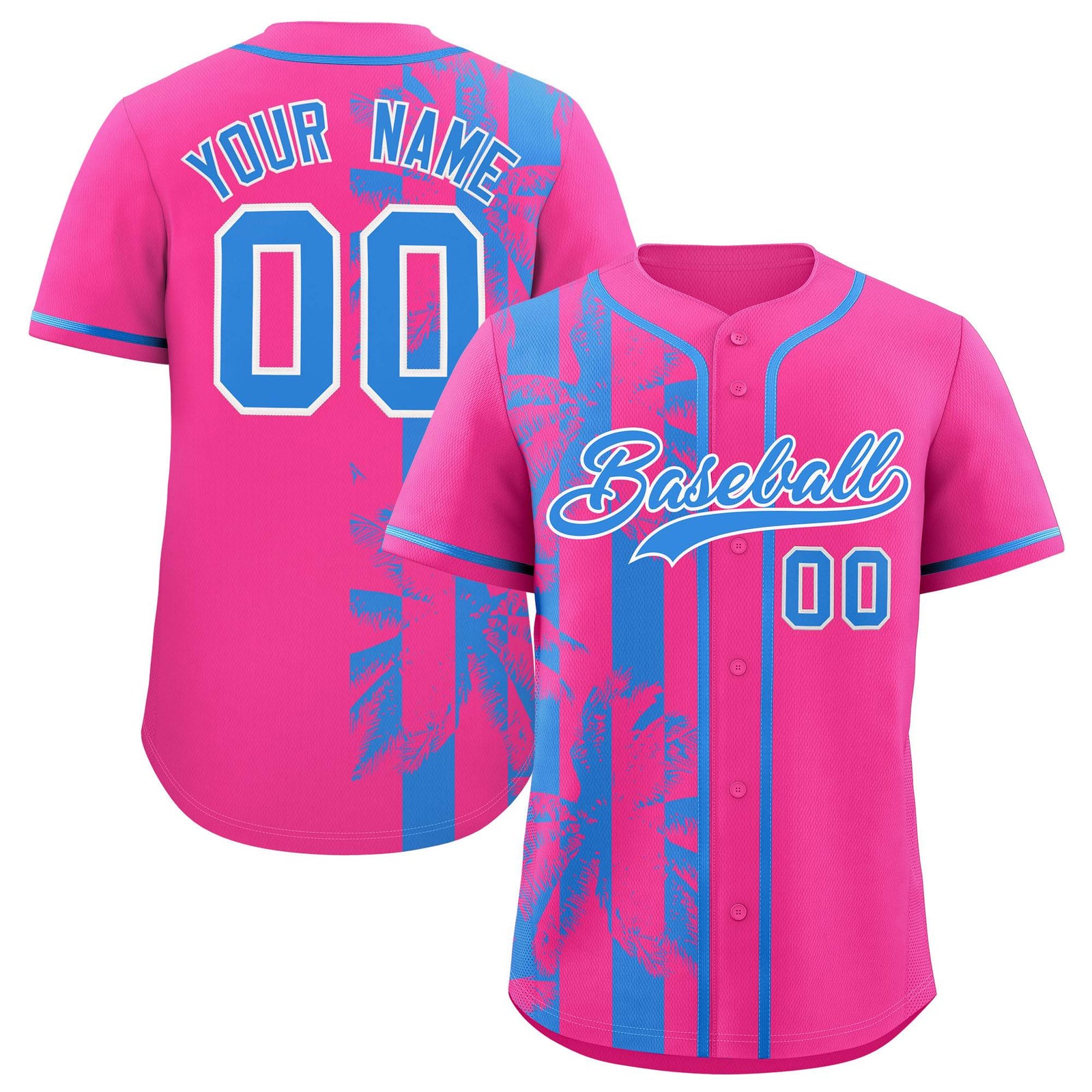 Custom Pink Powder Blue Split Fashion Coconut Tree Design Authentic Baseball Jersey