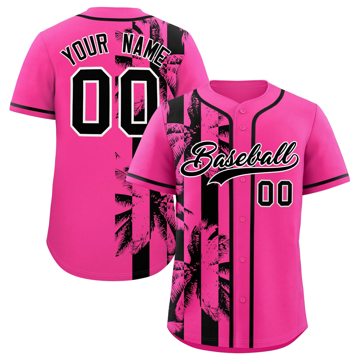 Custom Pink Black Split Fashion Coconut Tree Design Authentic Baseball Jersey
