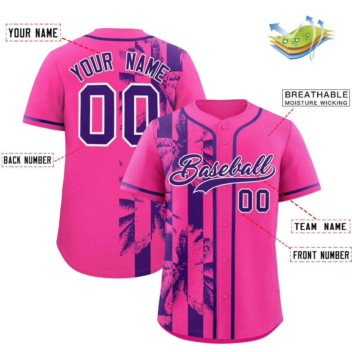 Custom Pink Purple Split Fashion Coconut Tree Design Authentic Baseball Jersey