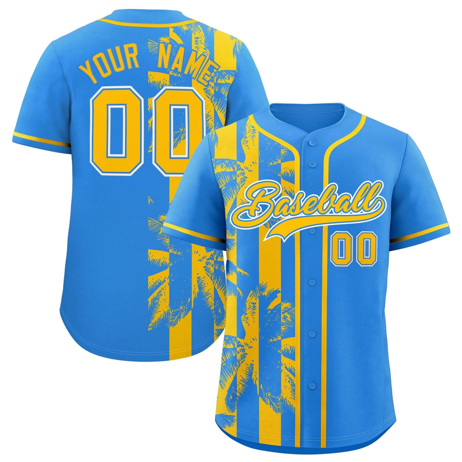 Custom Powder Blue Yellow Split Fashion Coconut Tree Design Authentic Baseball Jersey