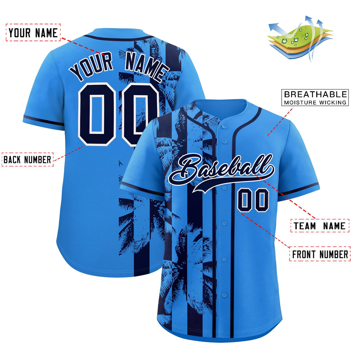 Custom Powder Blue Navy Split Fashion Coconut Tree Design Authentic Baseball Jersey