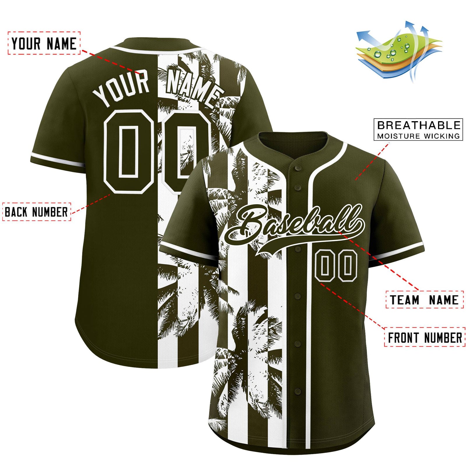 Custom Olive White Split Fashion Coconut Tree Design Authentic Baseball Jersey