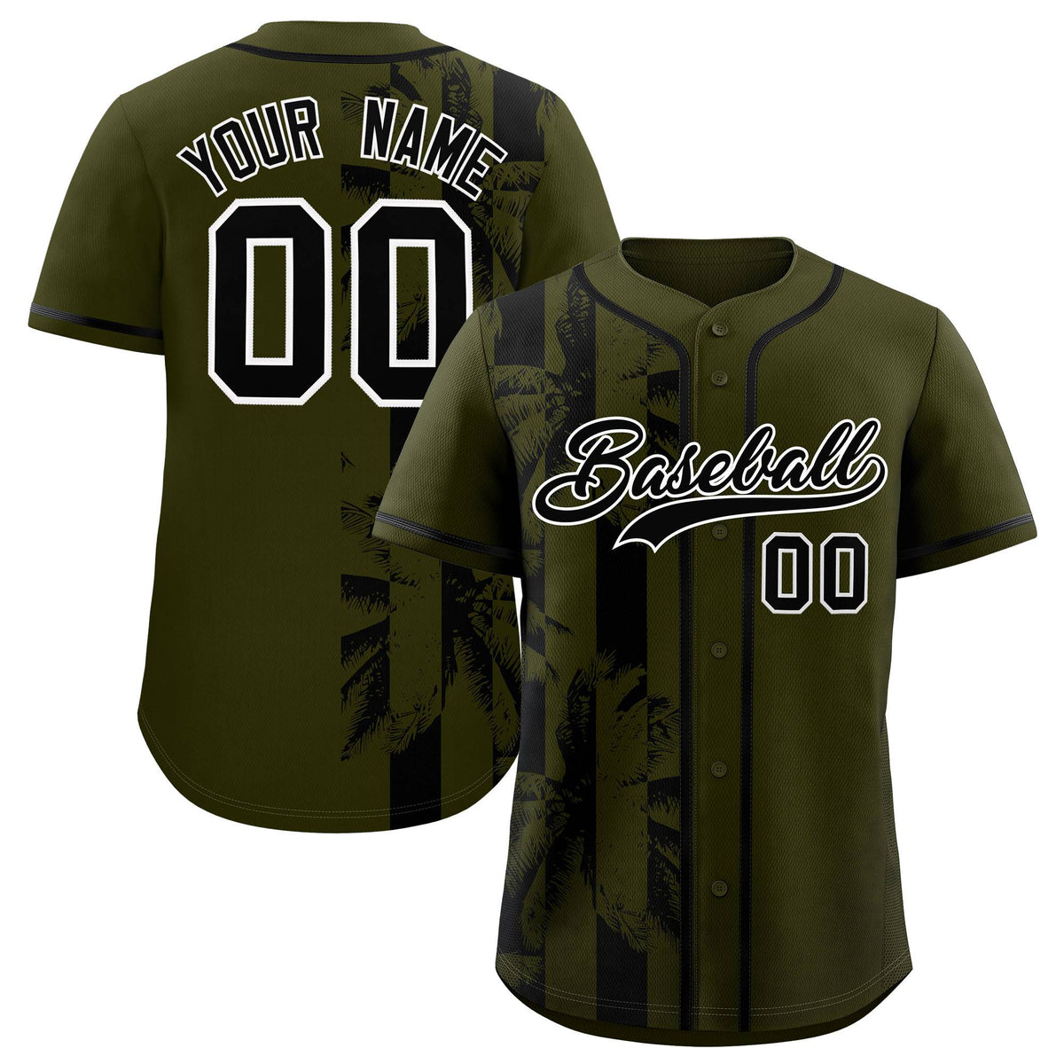 Custom Olive Black Split Fashion Coconut Tree Design Authentic Baseball Jersey
