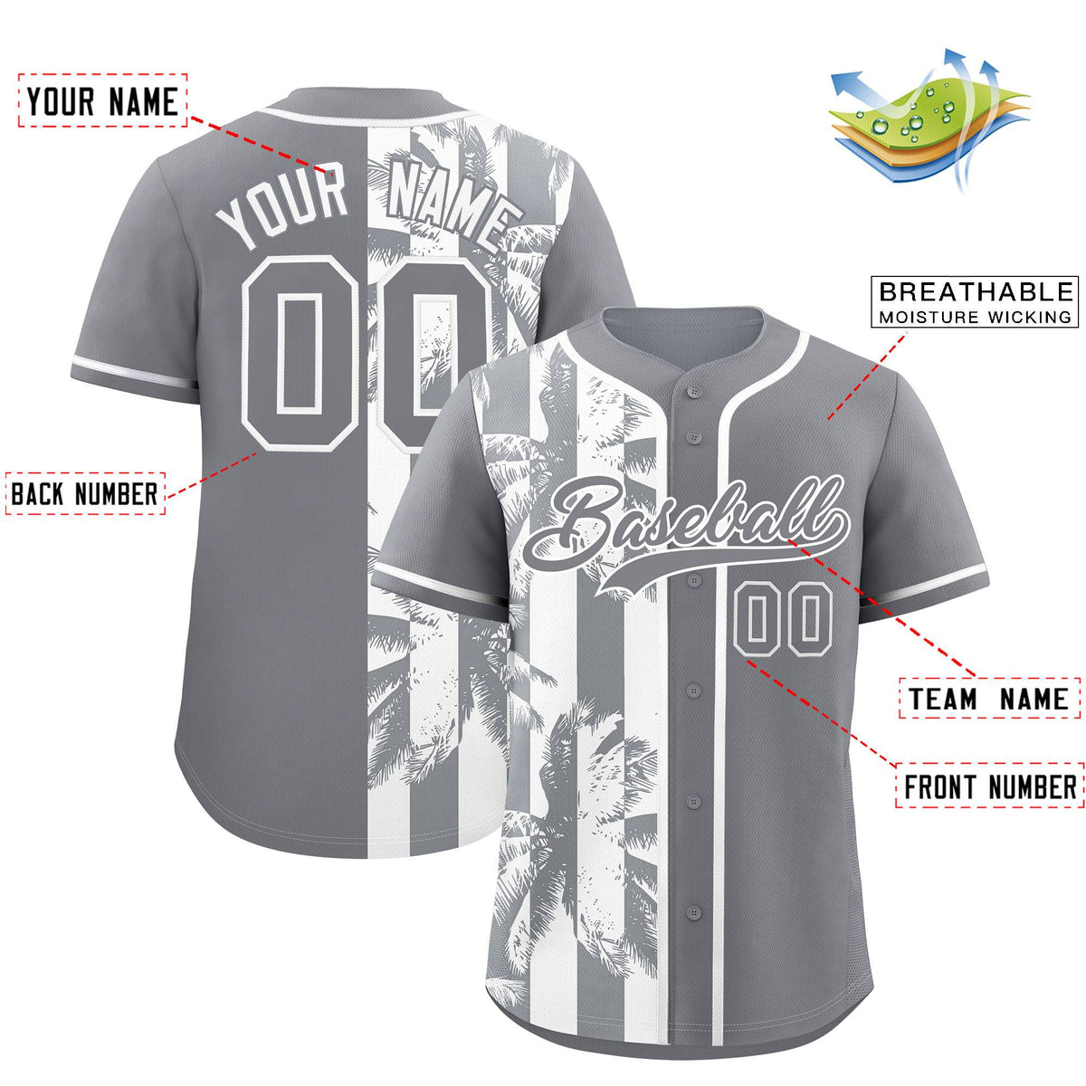 Custom Gray White Split Fashion Coconut Tree Design Authentic Baseball Jersey