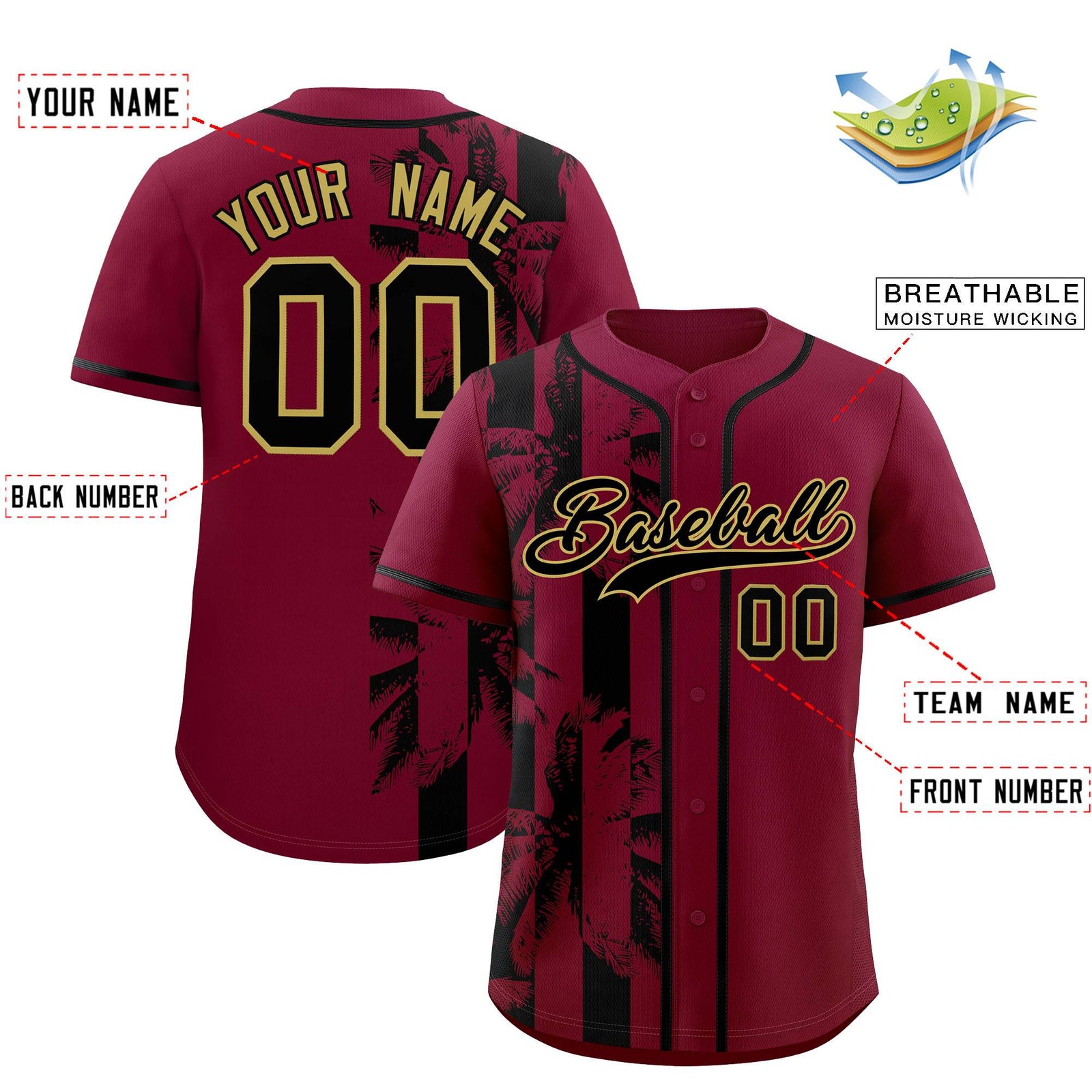 Custom Crimson Black Split Fashion Coconut Tree Design Authentic Baseball Jersey