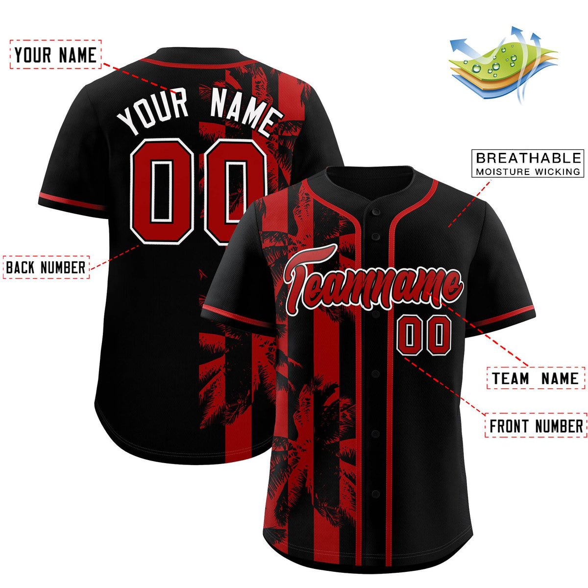 Custom Black Red Split Fashion Coconut Tree Design Authentic Baseball Jersey