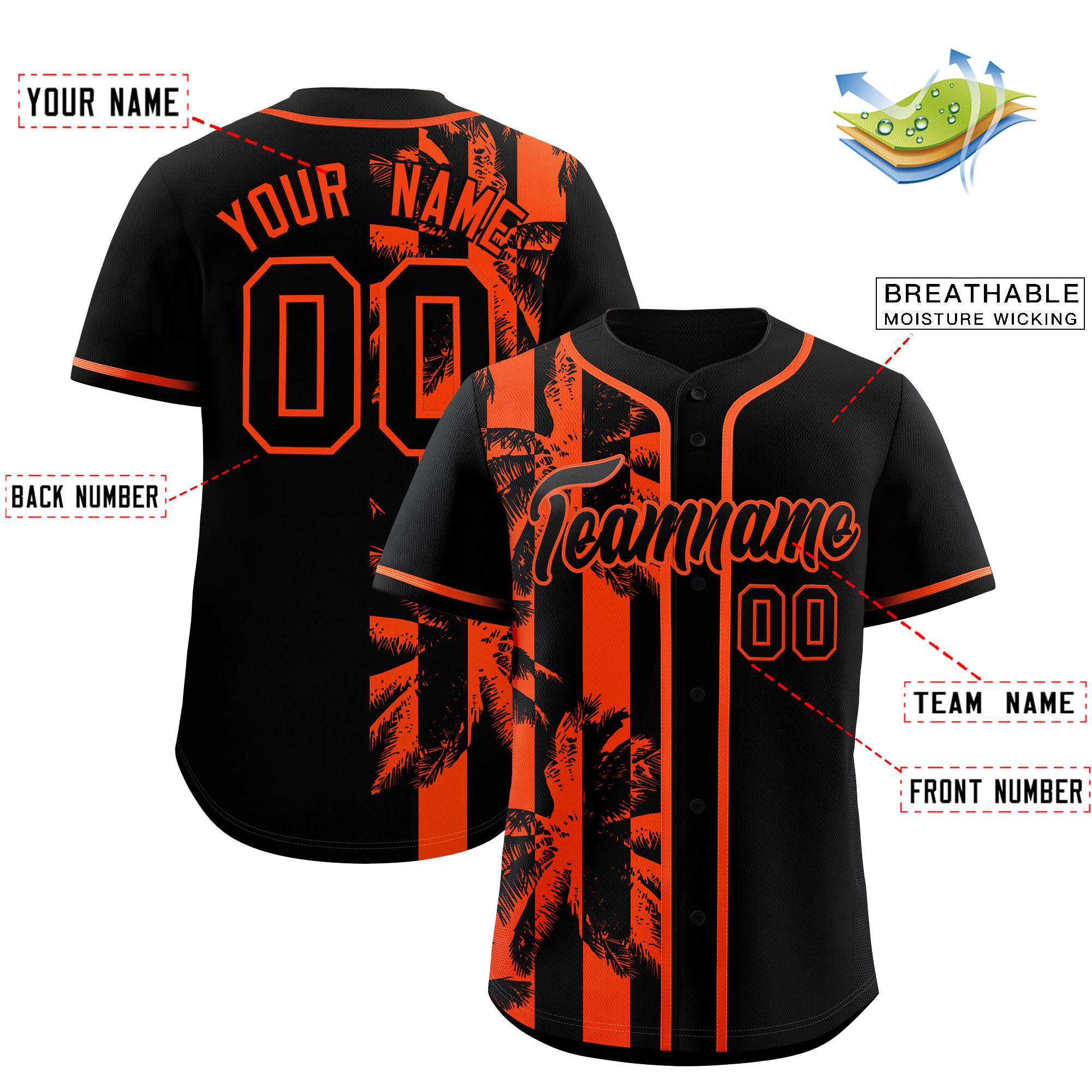 Custom Black Orange Split Fashion Coconut Tree Design Authentic Baseball Jersey