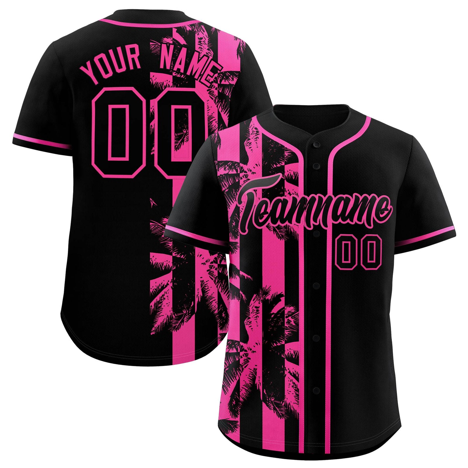 Custom Black Pink Split Fashion Coconut Tree Design Authentic Baseball Jersey
